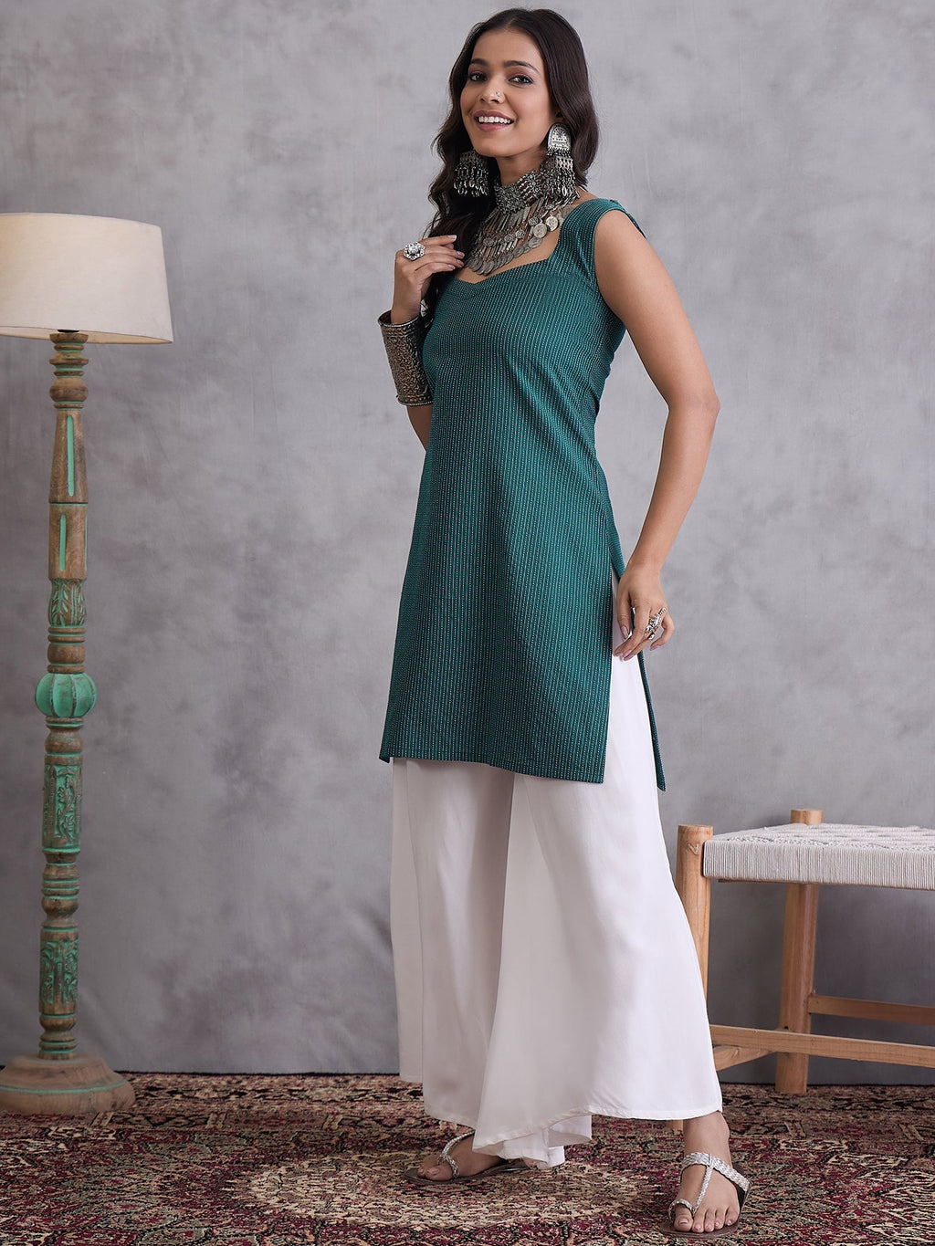 InWeave Emerald Green Kantha Cream Palazzo Set - Distacart