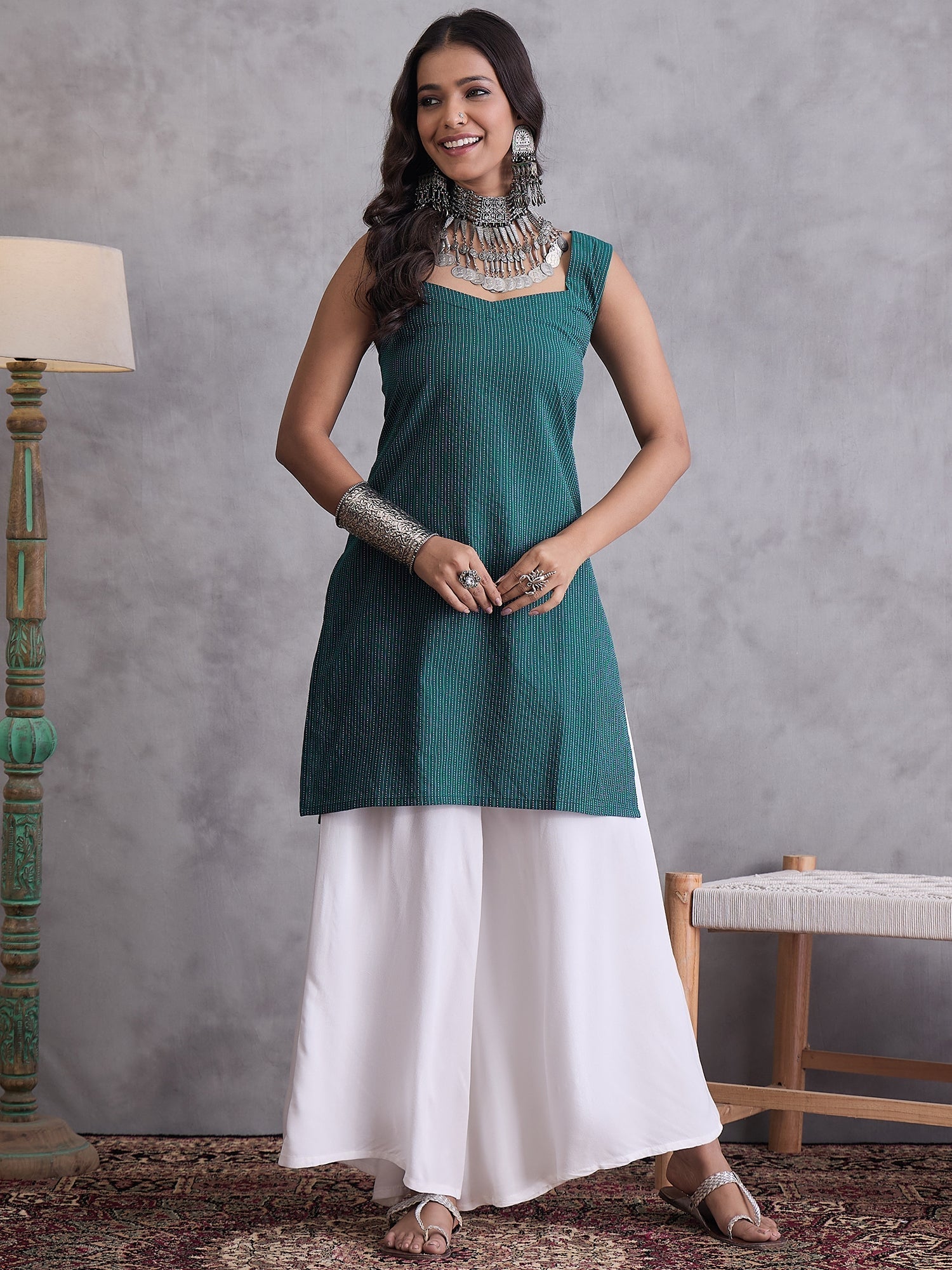 InWeave Emerald Green Kantha Cream Palazzo Set - Distacart