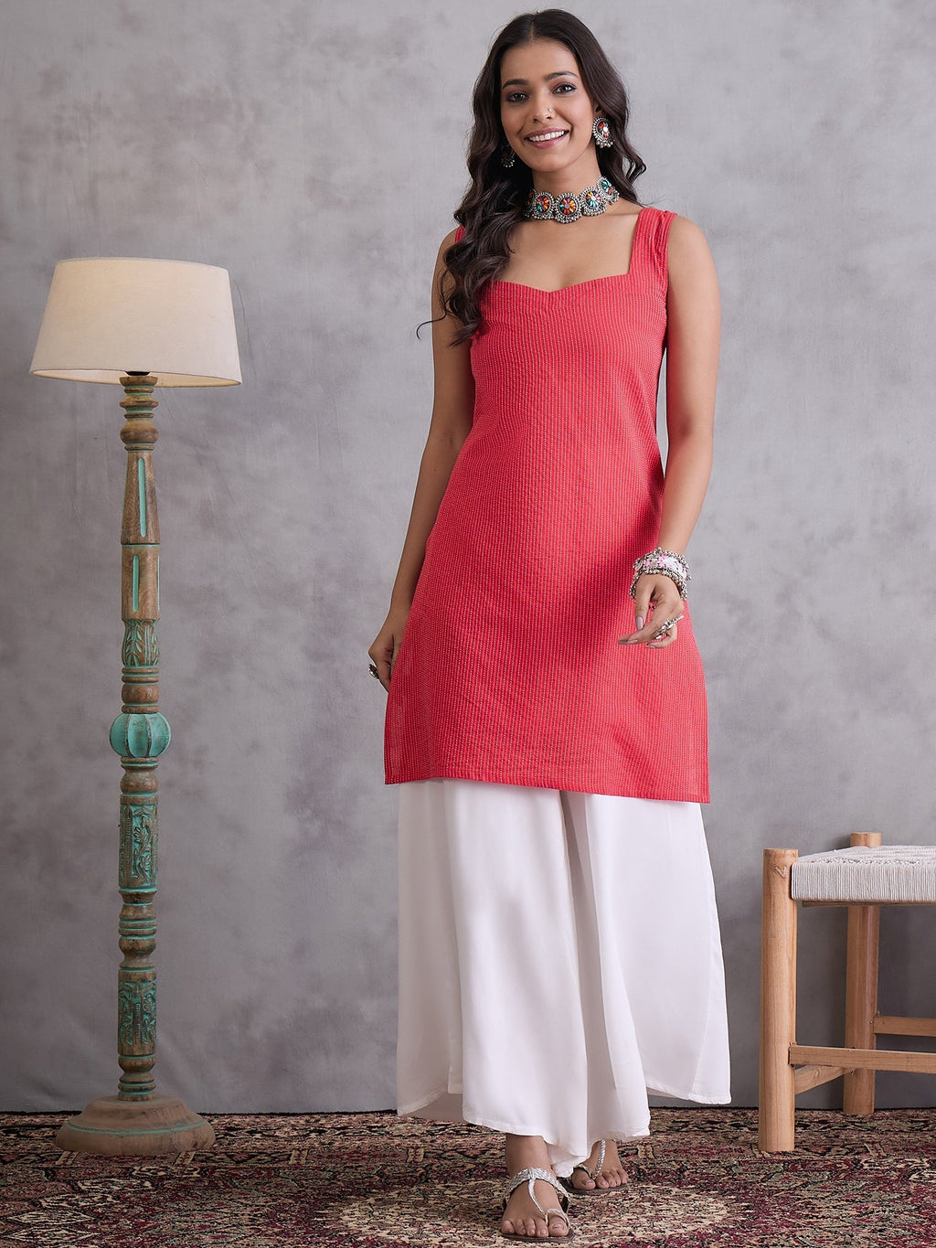 InWeave Red Kantha Cream Palazzo Set