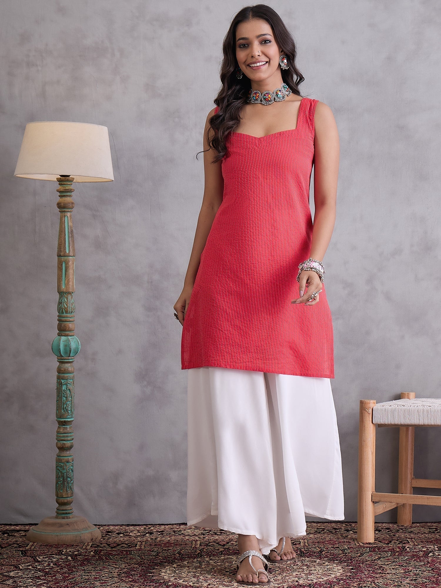 InWeave Red Kantha Cream Palazzo Set