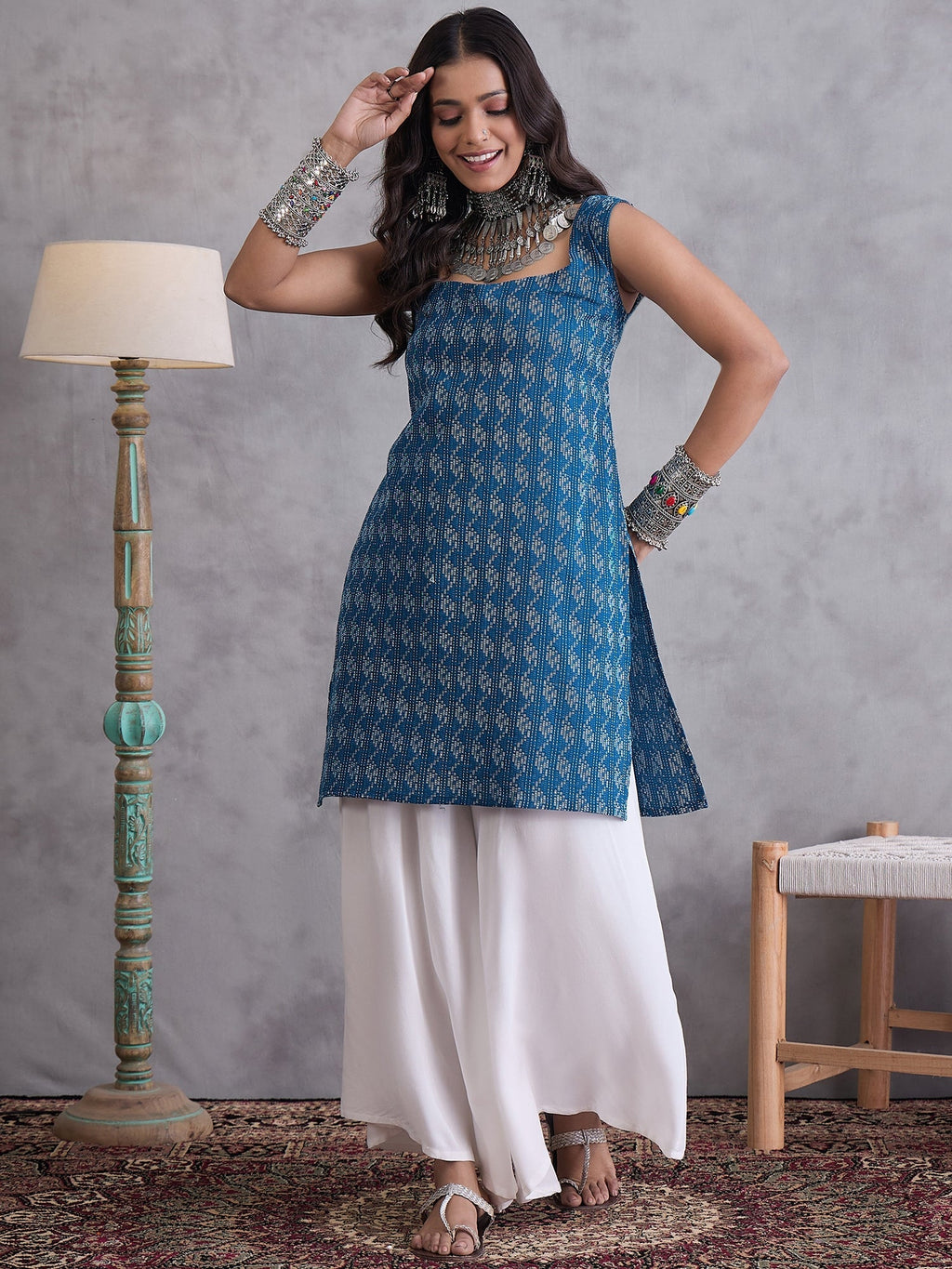 InWeave Blue Kantha Cream Palazzo Set