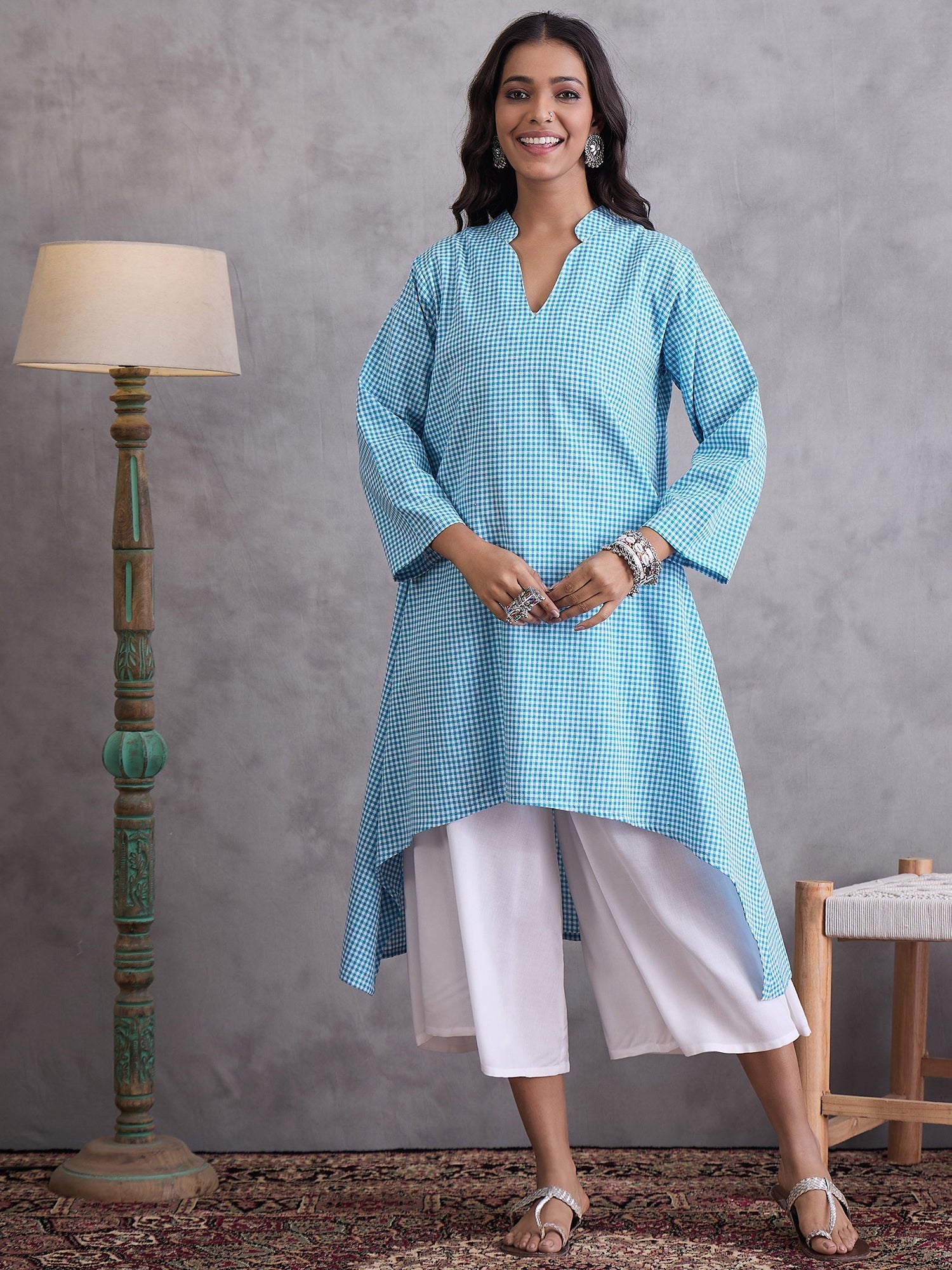 InWeave Cyan Blue Small Check Cream Palazzo Set
