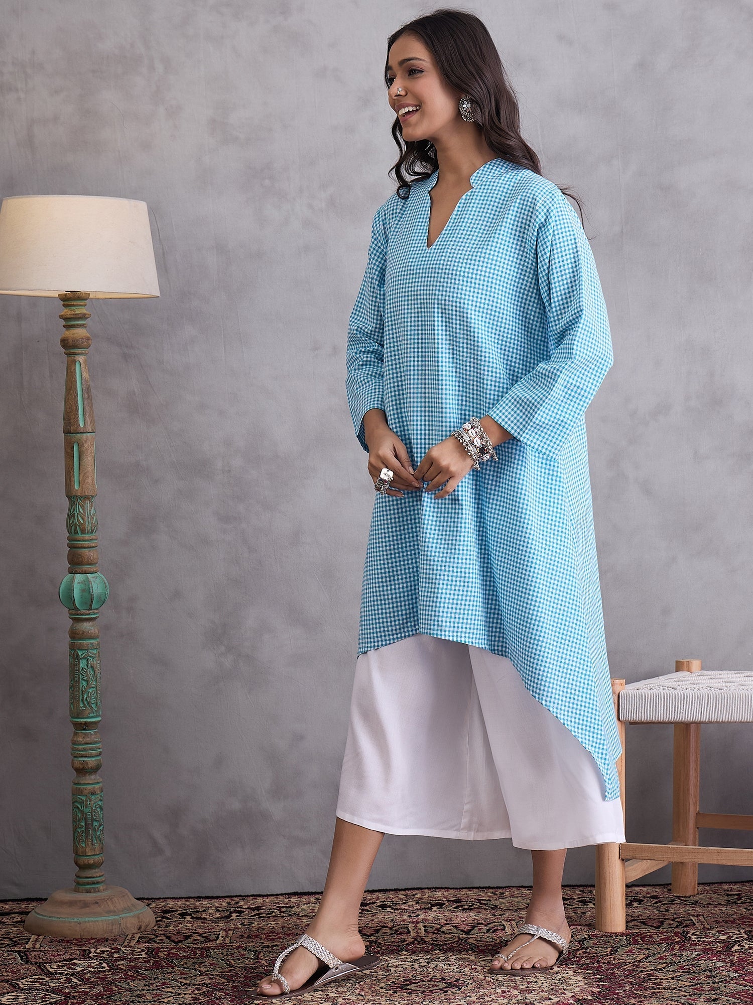 InWeave Cyan Blue Small Check Cream Palazzo Set