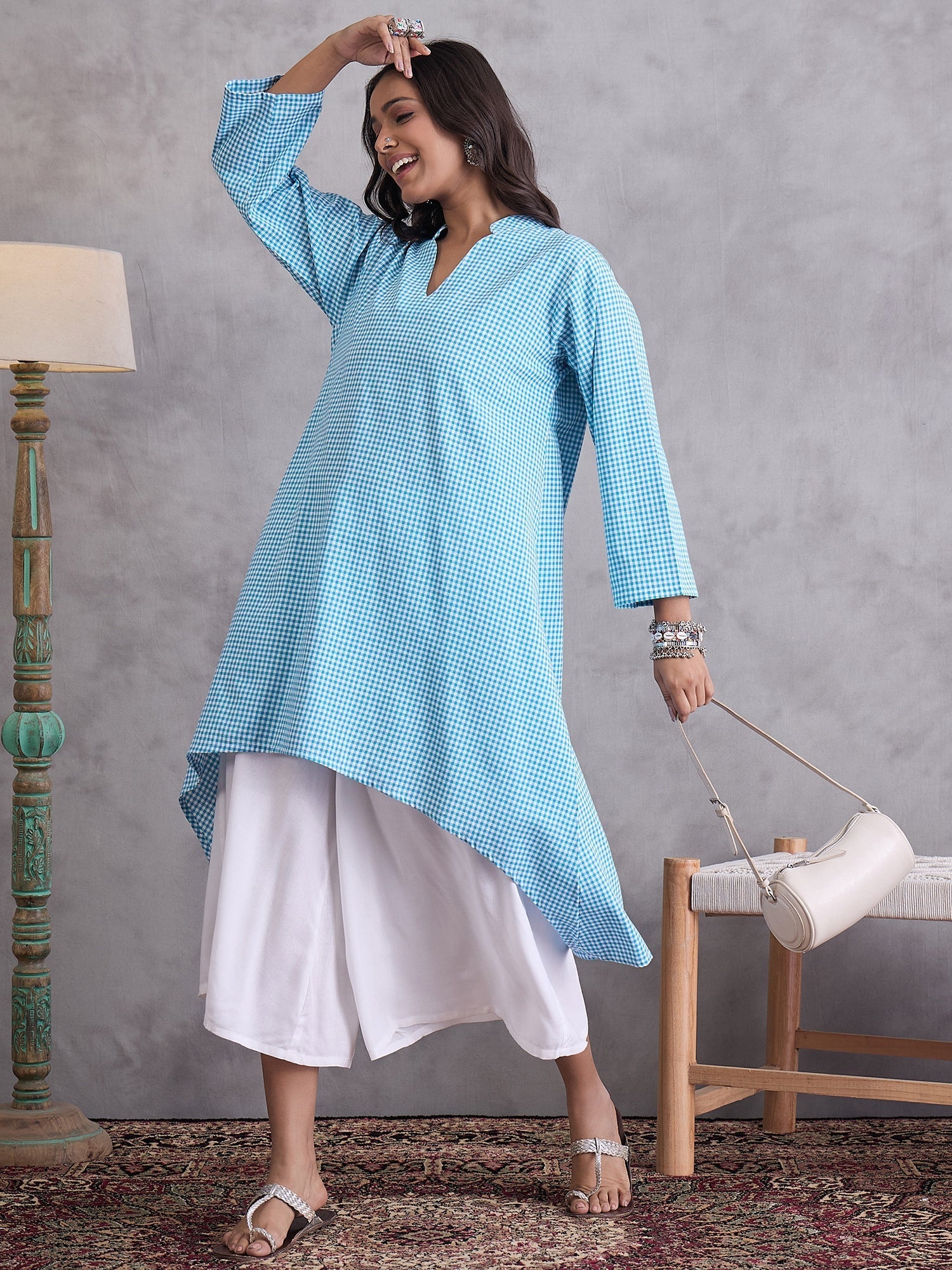 InWeave Cyan Blue Small Check Cream Palazzo Set