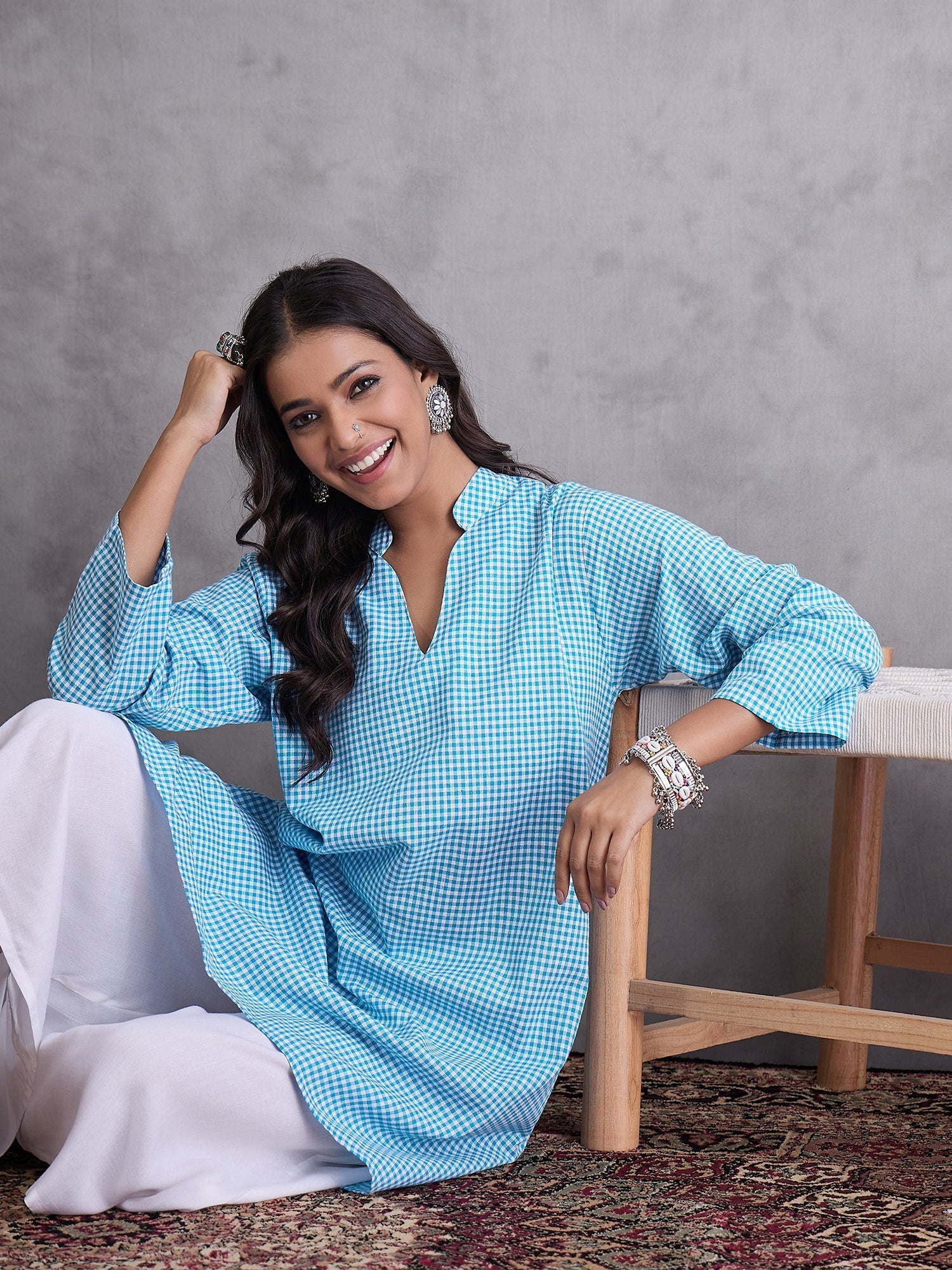 InWeave Cyan Blue Small Check Cream Palazzo Set