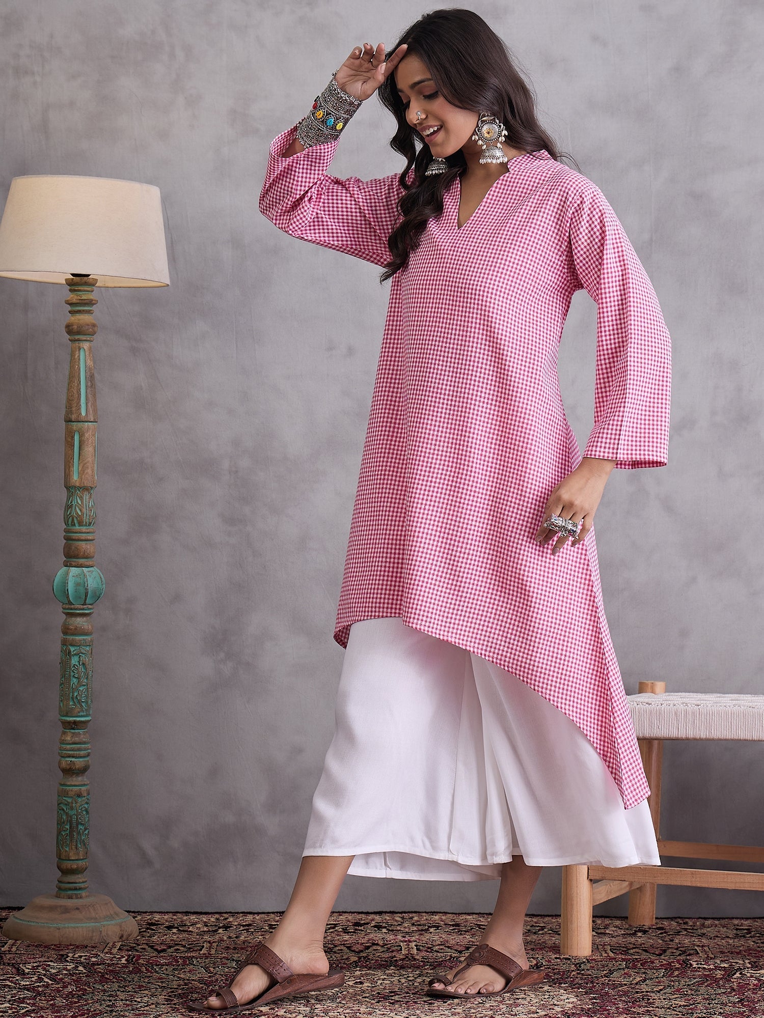 InWeave Pink Small Check Cream Palazzo Set