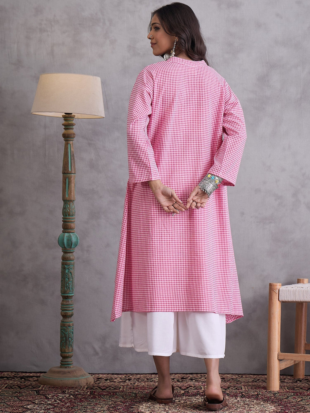 InWeave Pink Small Check Cream Palazzo Set