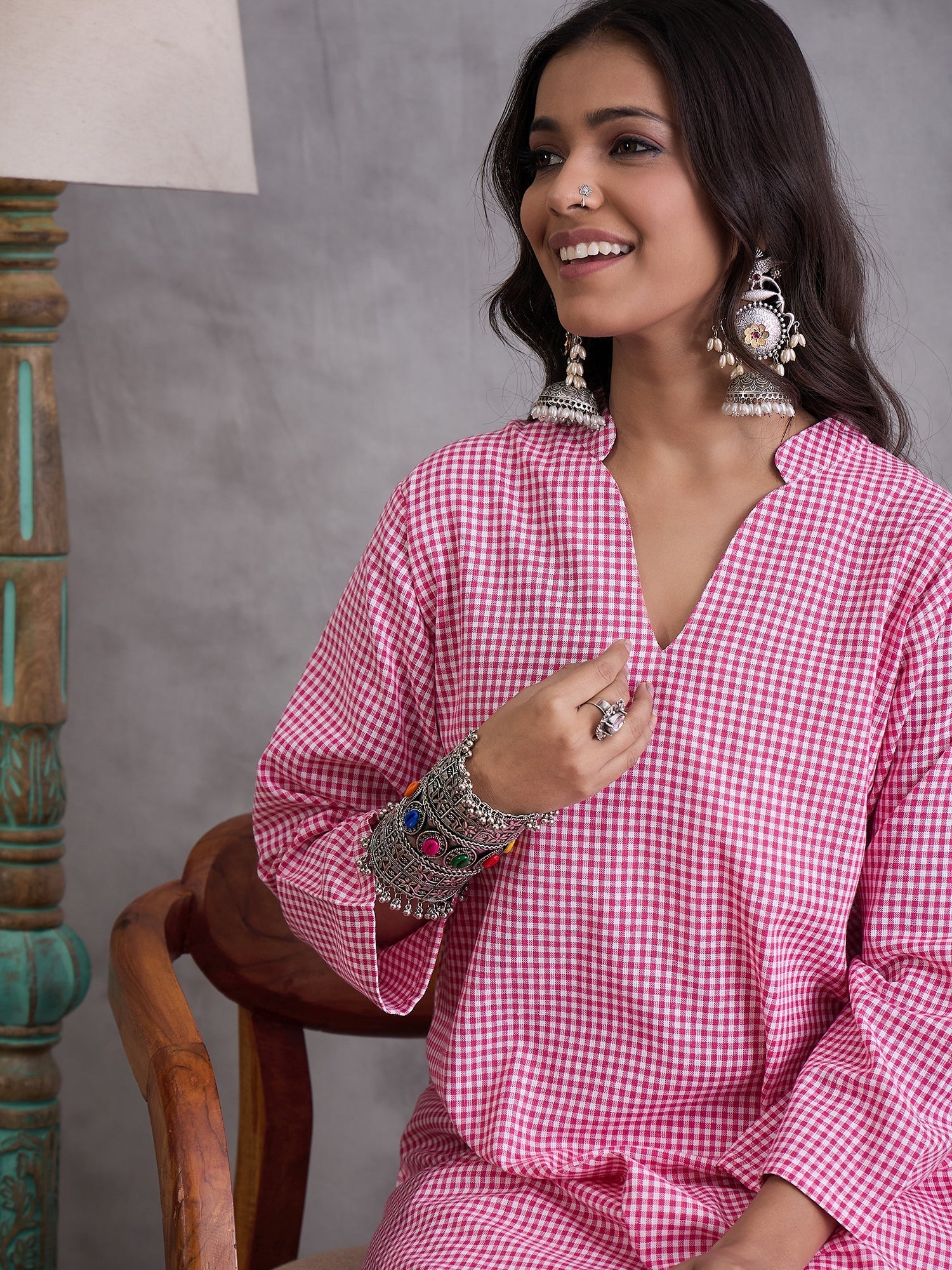 InWeave Pink Small Check Cream Palazzo Set