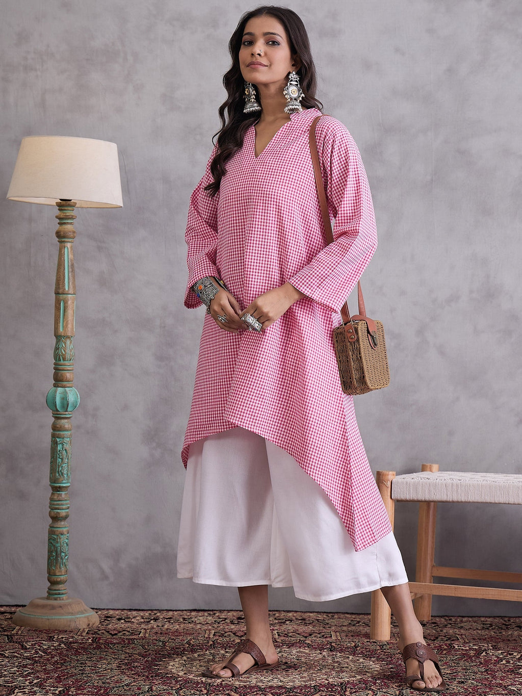 InWeave Pink Small Check Cream Palazzo Set