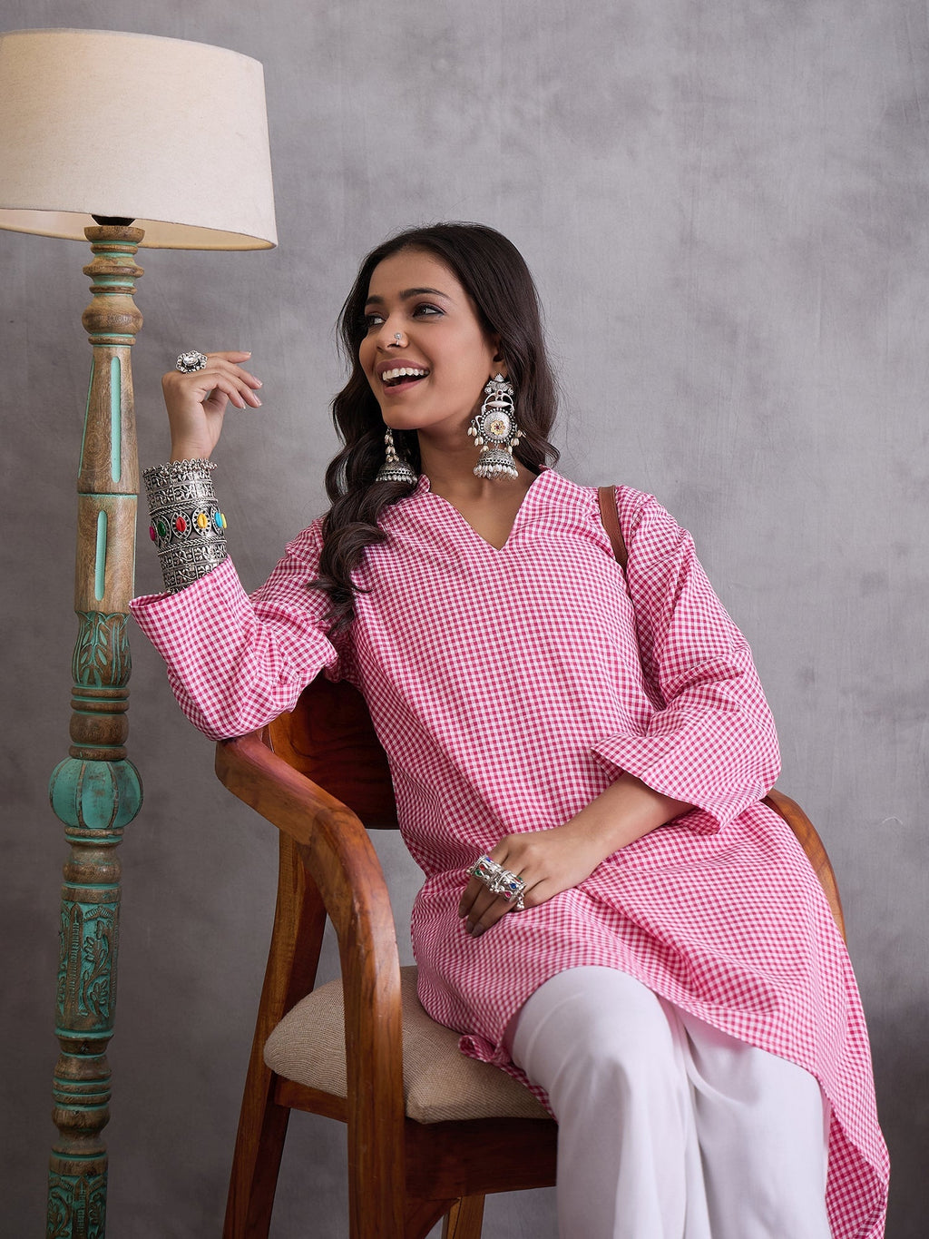 InWeave Pink Small Check Cream Palazzo Set