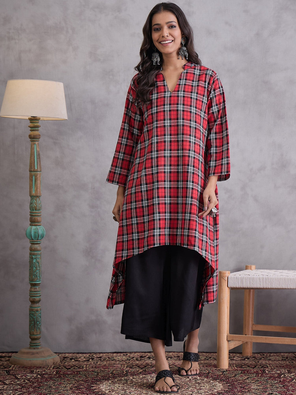 InWeave Red Black Check Black Palazzo Set