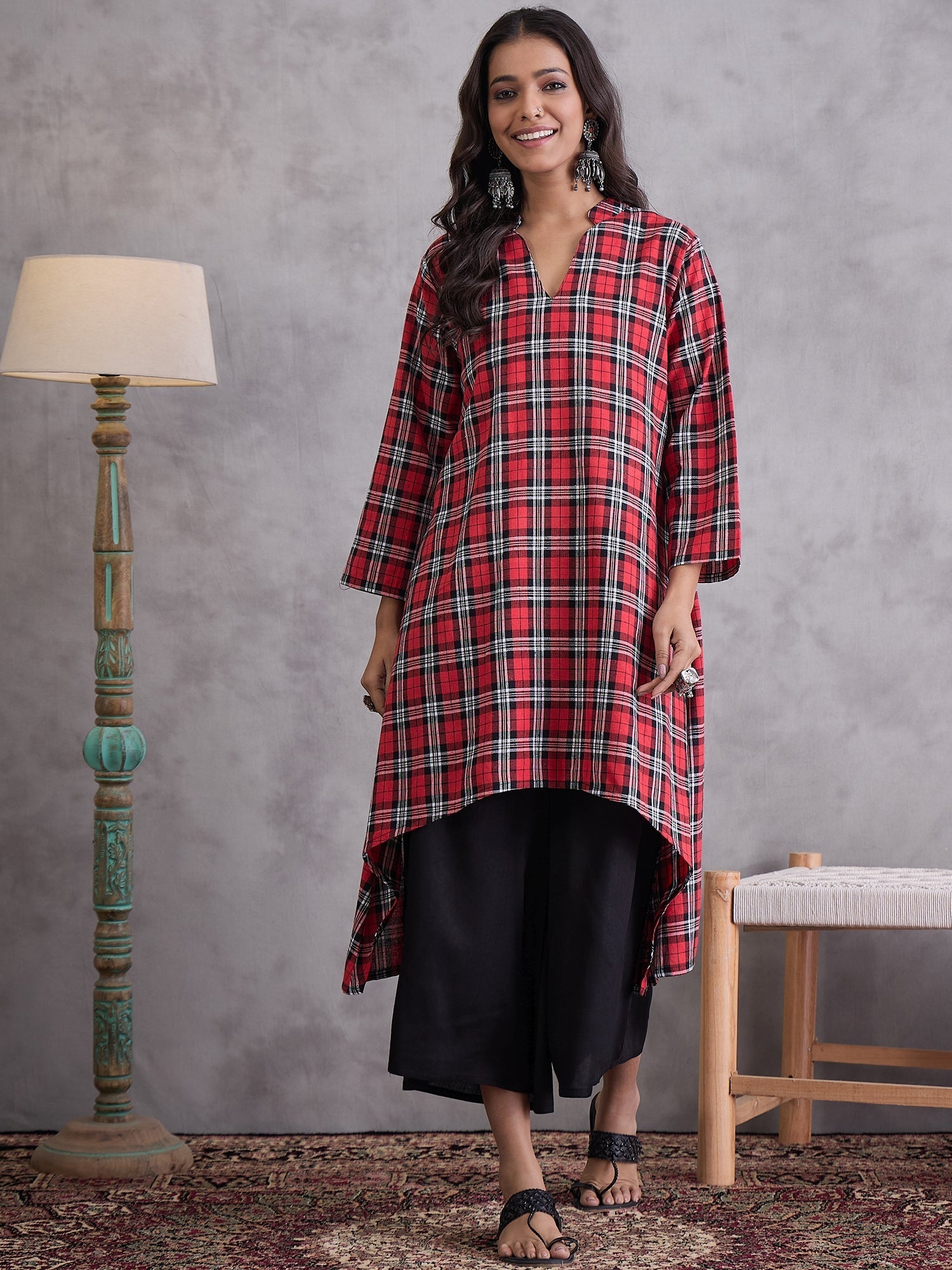 InWeave Red Black Check Black Palazzo Set