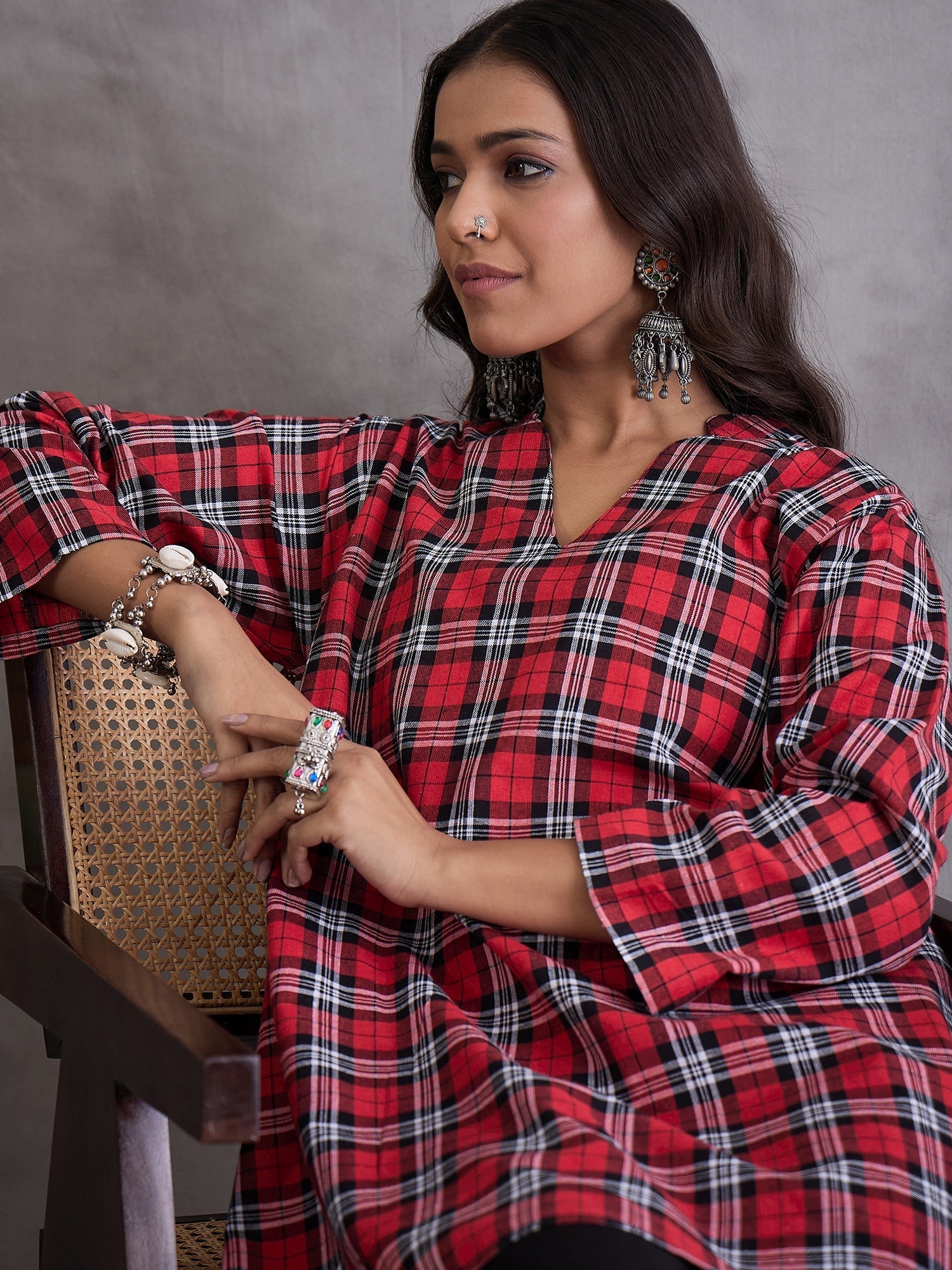 InWeave Red Black Check Black Palazzo Set