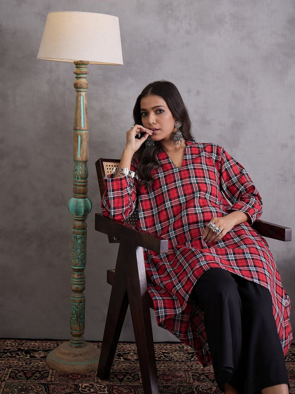 InWeave Red Black Check Black Palazzo Set