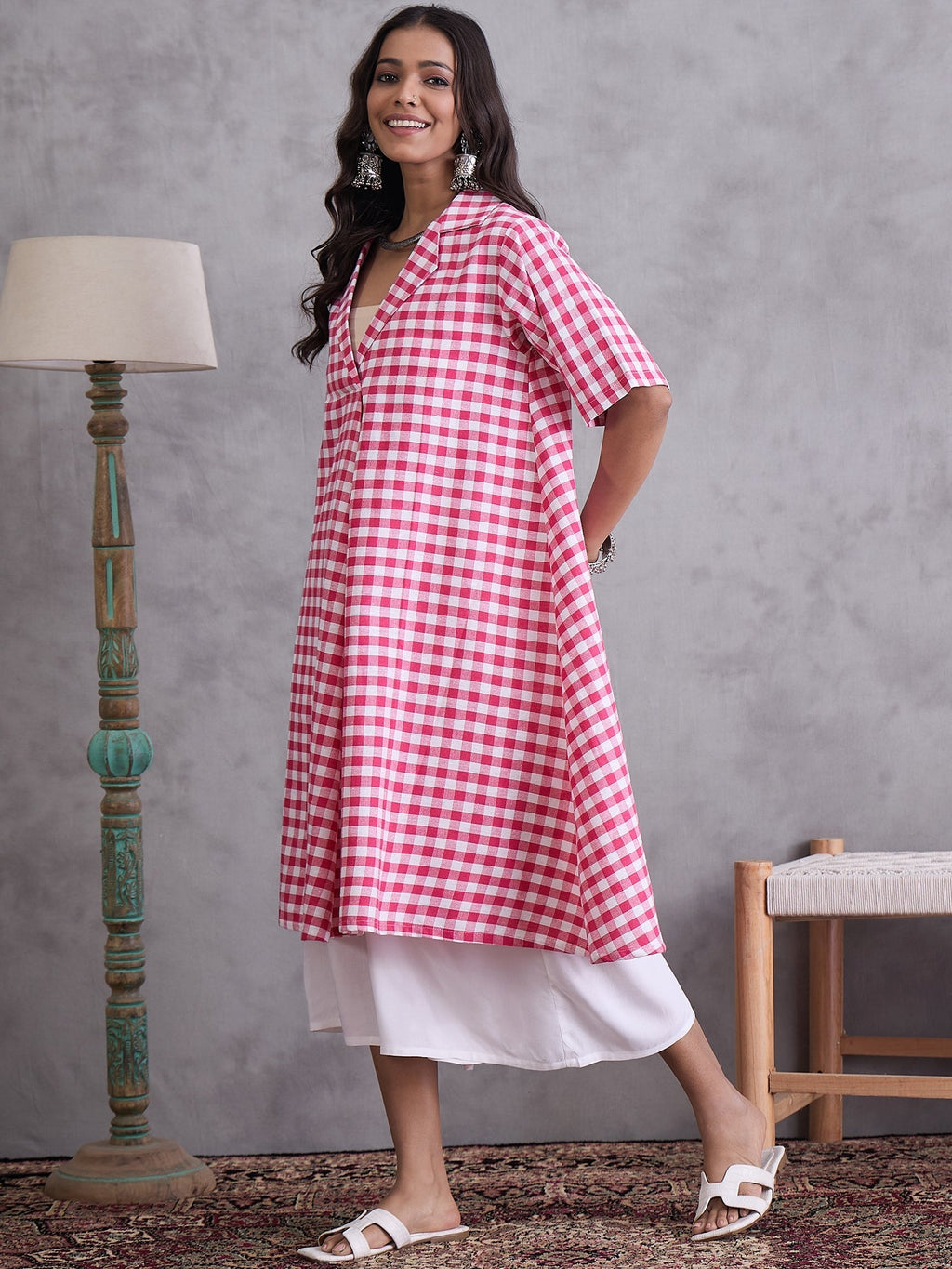 InWeave Pink Big Check Collar Palazzo Set
