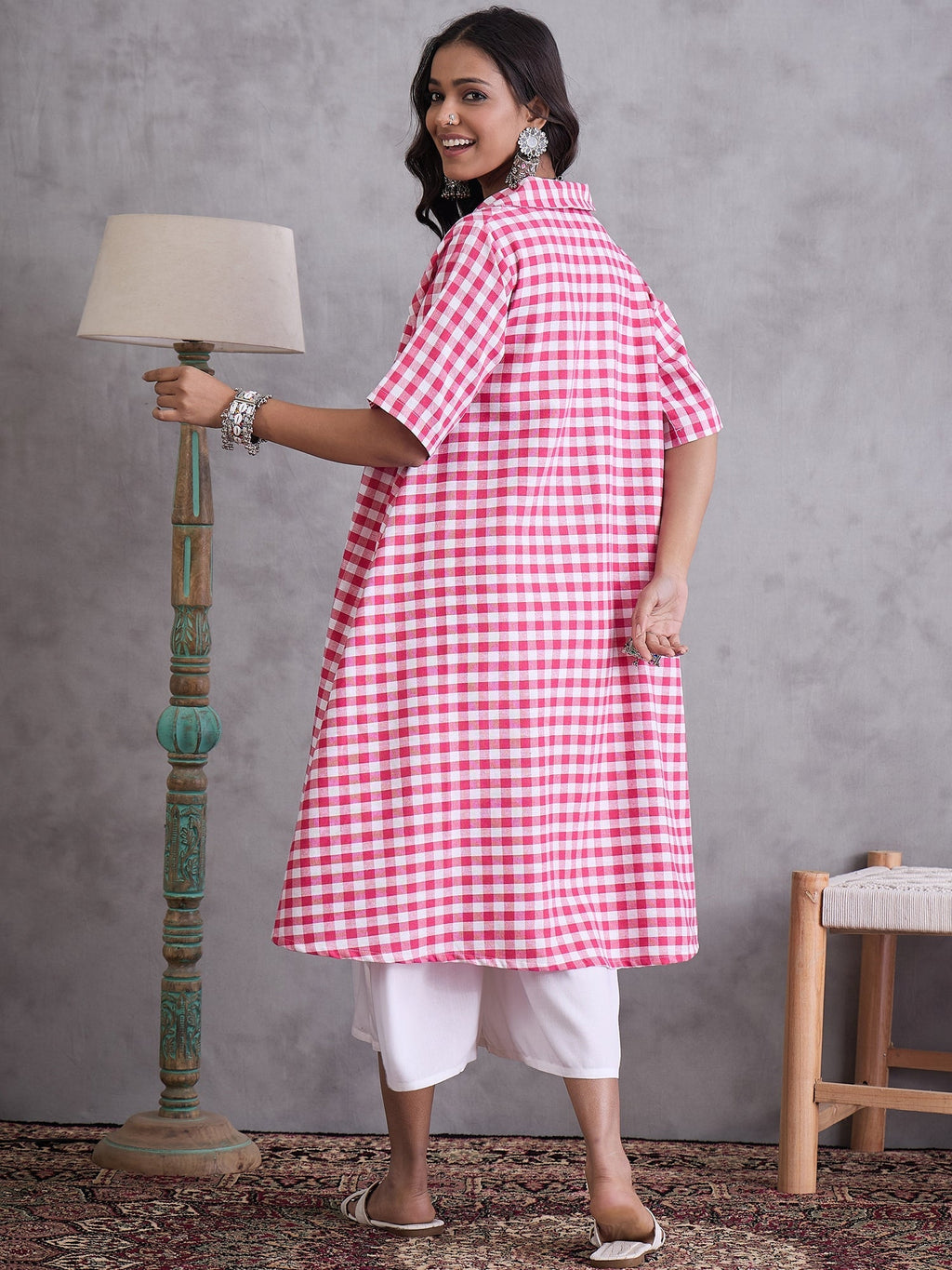 InWeave Pink Big Check Collar Palazzo Set