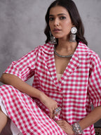 InWeave Pink Big Check Collar Palazzo Set