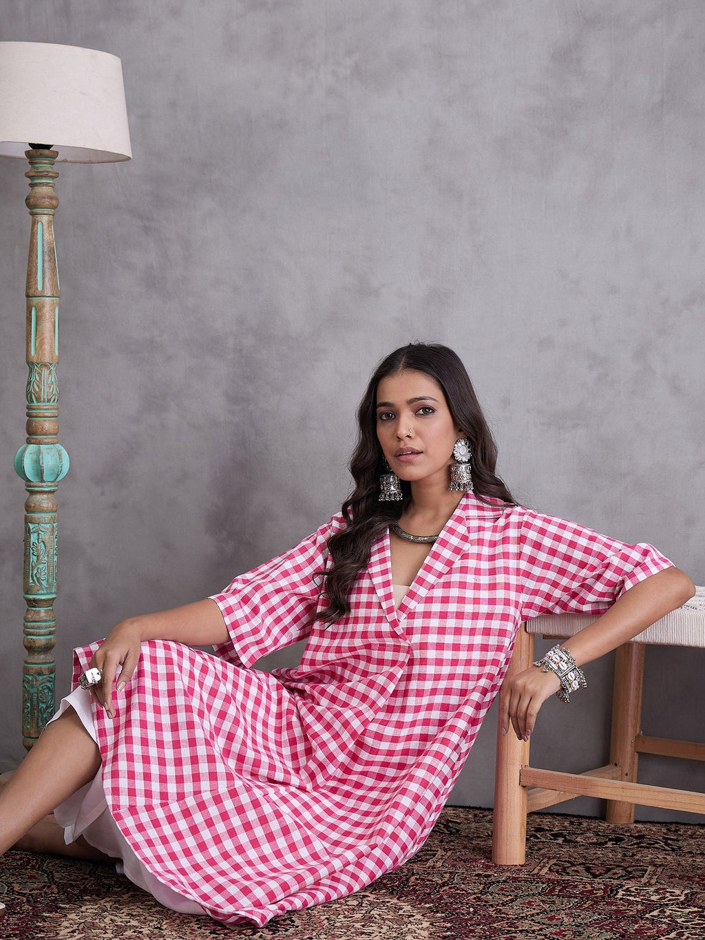 InWeave Pink Big Check Collar Palazzo Set