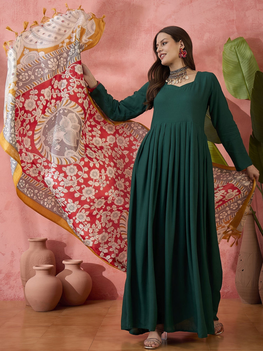 InWeave Green Sweetheart Kurta With Dupatta