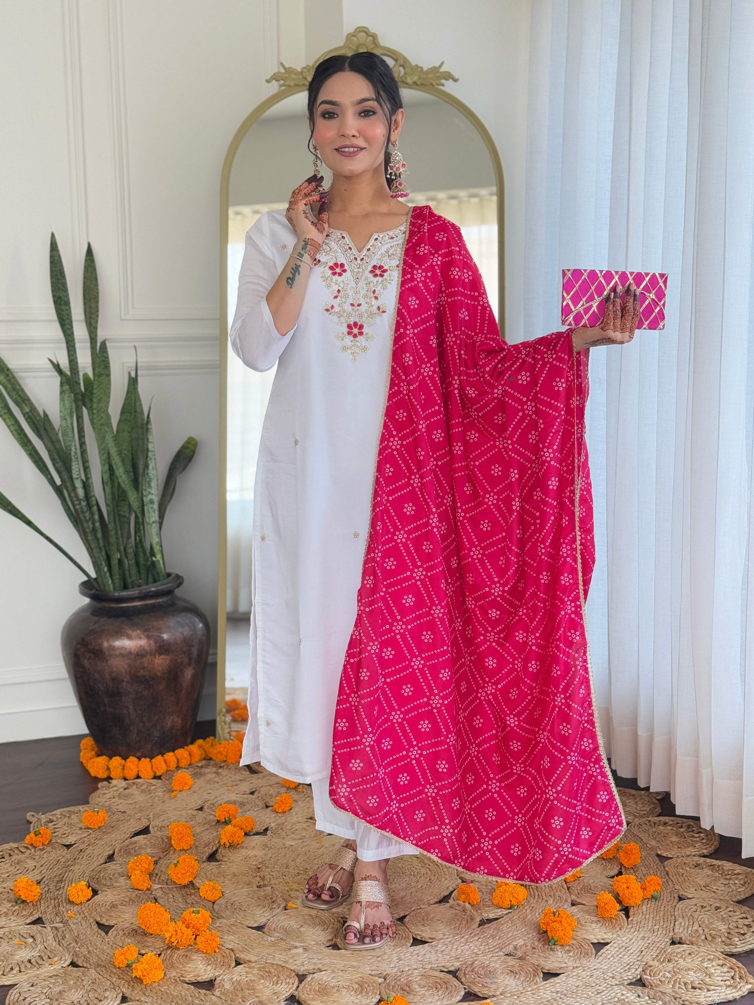 The52 Embroidered BSY Viscose Fabric Straight Kurta, Pant and Dupatta Set - Distacart