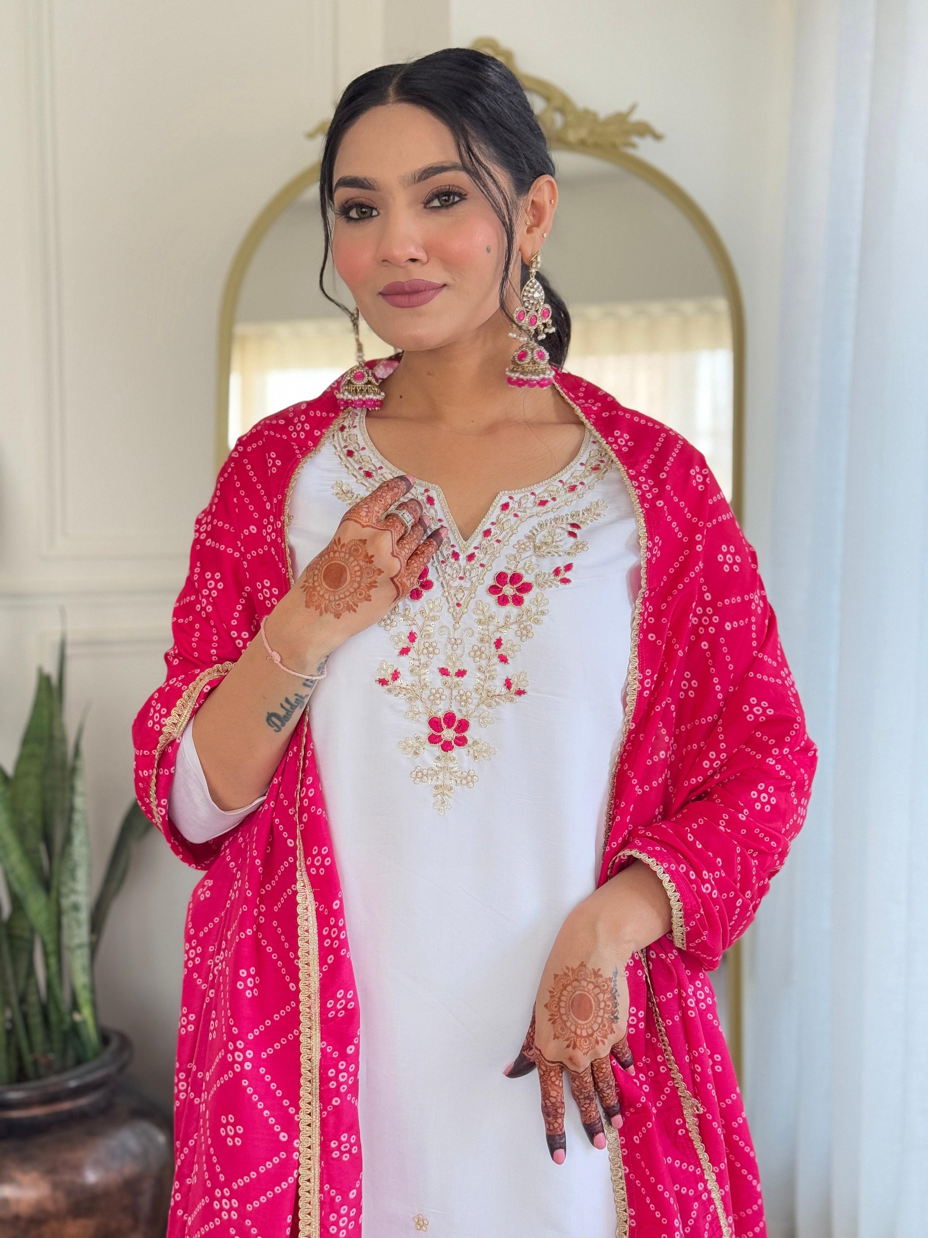 The52 Embroidered BSY Viscose Fabric Straight Kurta, Pant and Dupatta Set - Distacart