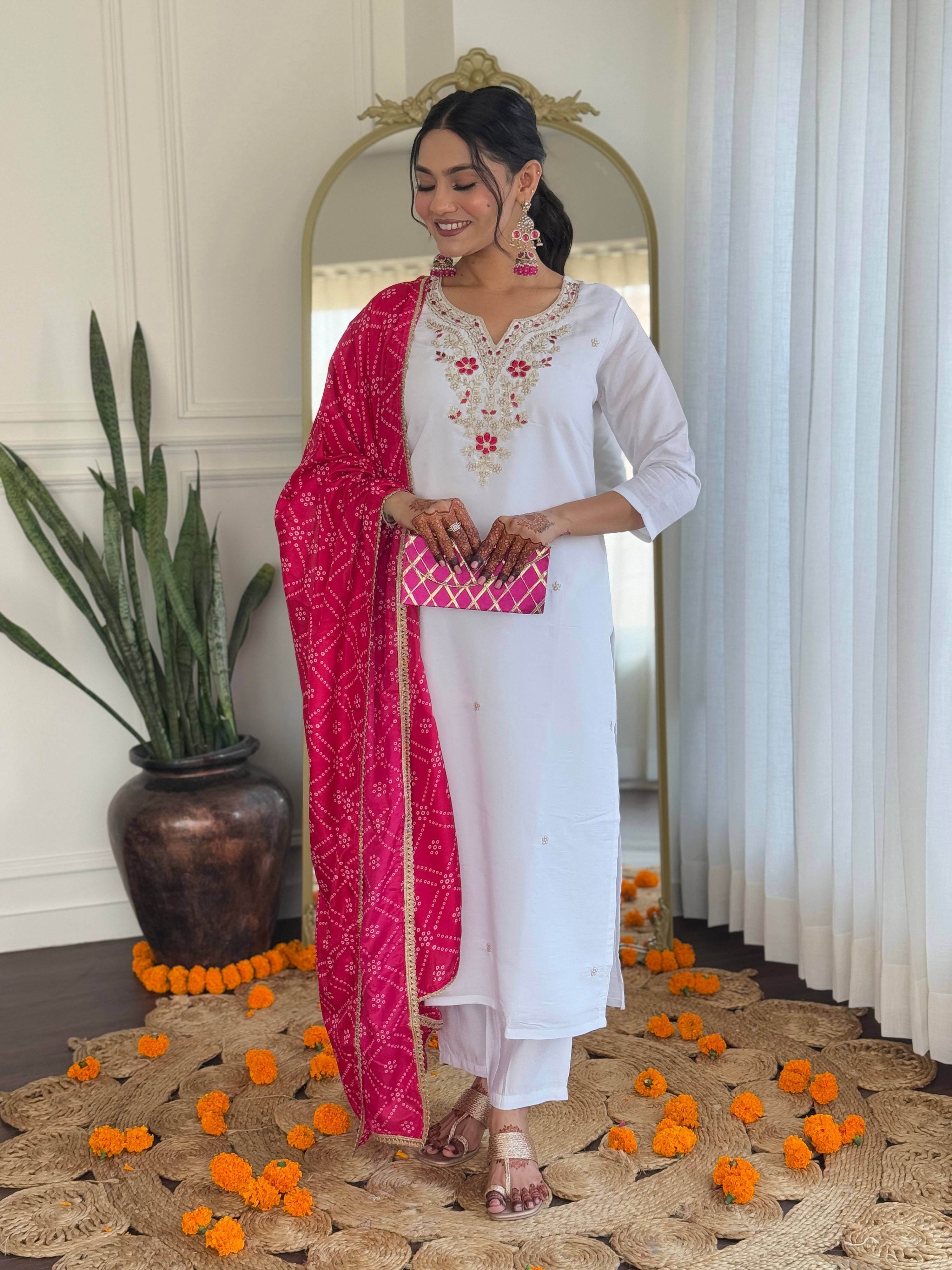 The52 Embroidered BSY Viscose Fabric Straight Kurta, Pant and Dupatta Set - Distacart