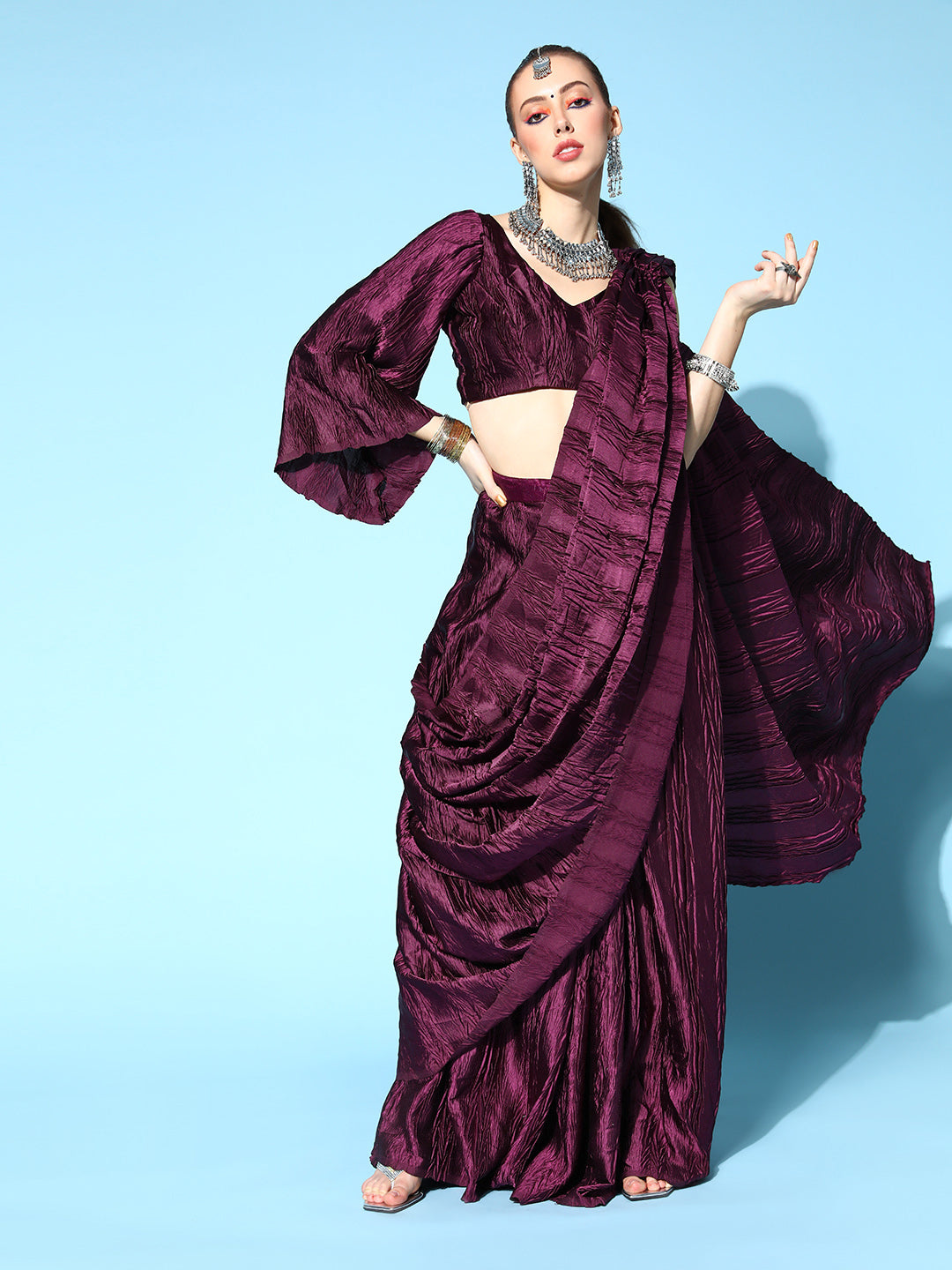 Tikhi Imli Burgundy Accordion Pleated Ready to Wear Saree - Distacart