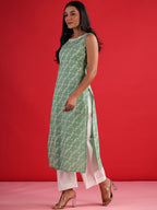 Indo Era Geometric Printed Round Neck Sleeveless Gotta Patti Cotton Straight Kurta - Distacart