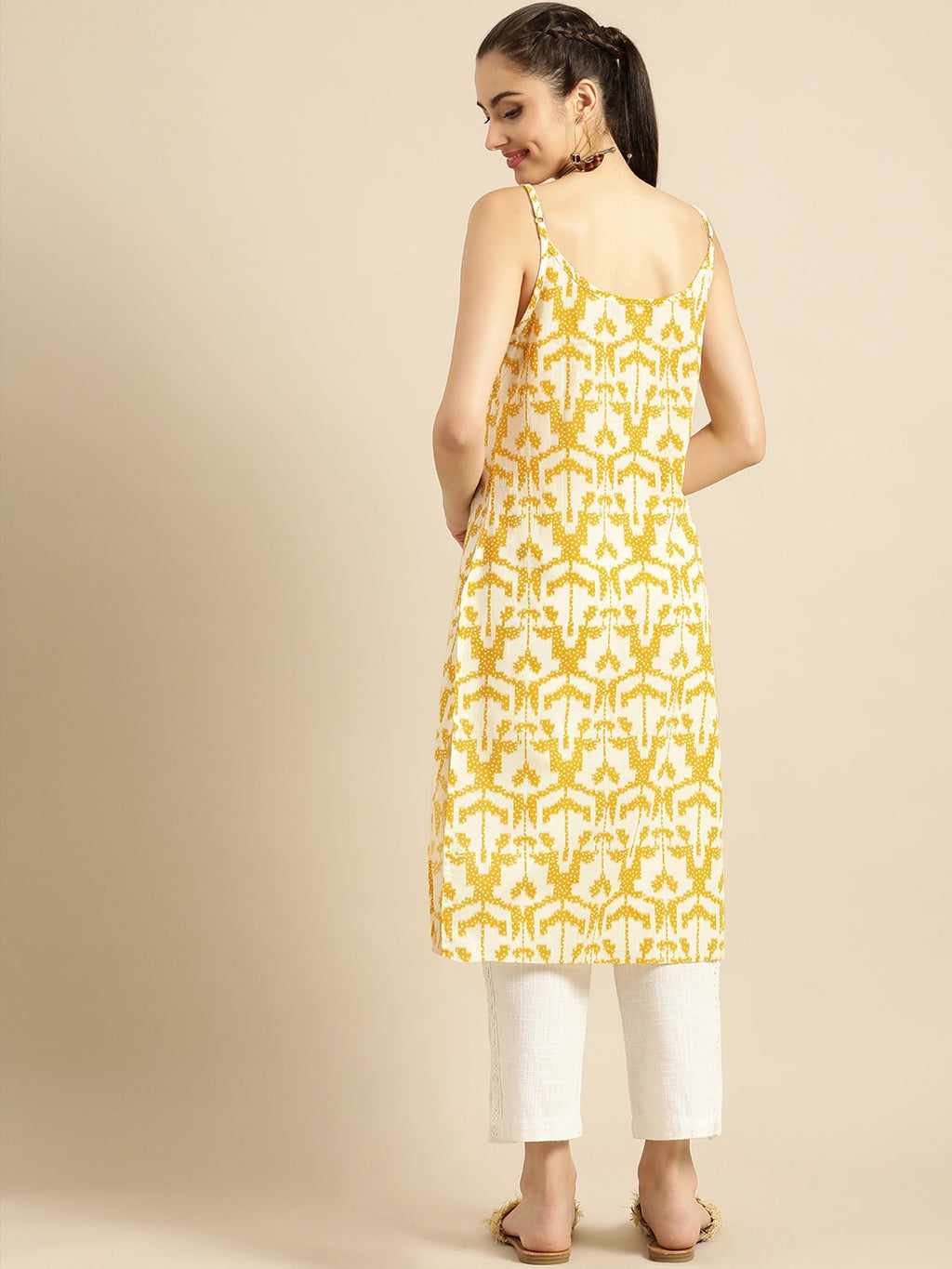 Sangria Women Mustard Yellow & Yellow Printed Cotton Kurta