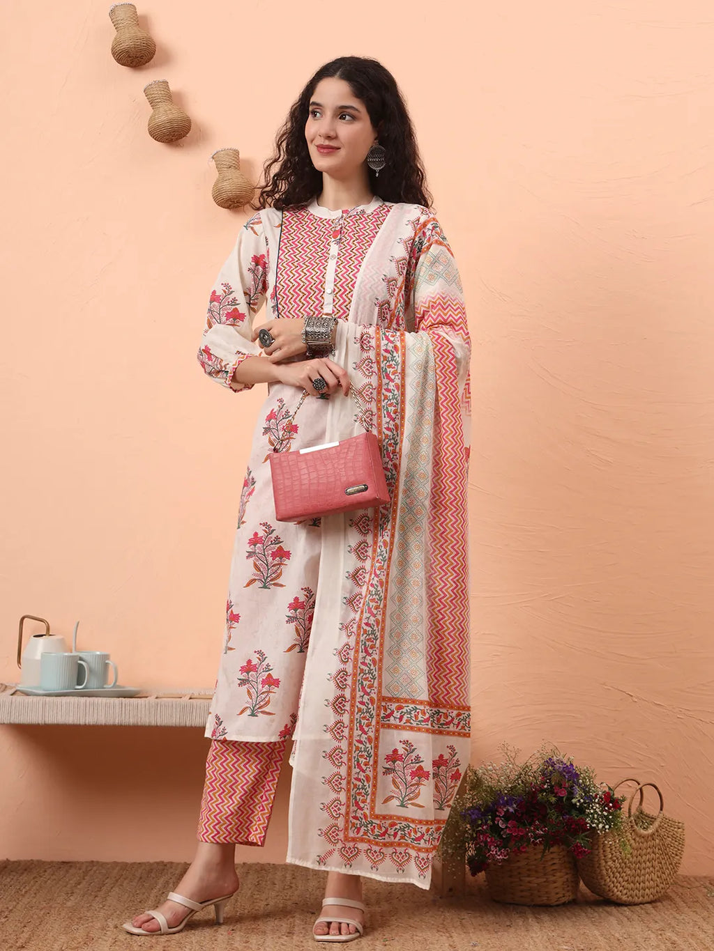 Yufta Cream Pure Cotton Kantha Work Kurta Dupatta Pant Set