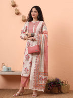 Yufta Cream Pure Cotton Kantha Work Kurta Dupatta Pant Set