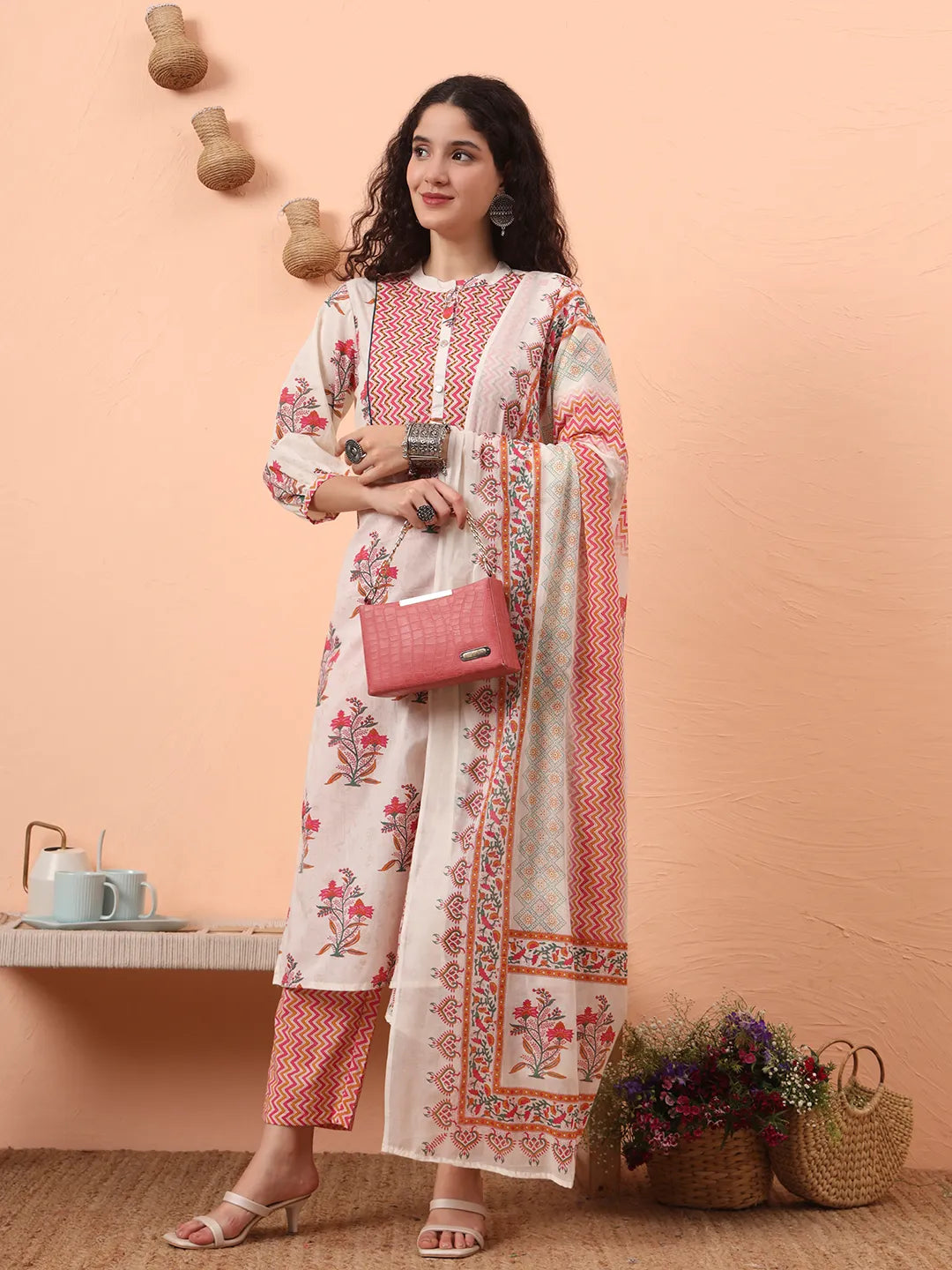 Yufta Cream Pure Cotton Kantha Work Kurta Dupatta Pant Set