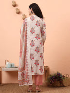Yufta Cream Pure Cotton Kantha Work Kurta Dupatta Pant Set