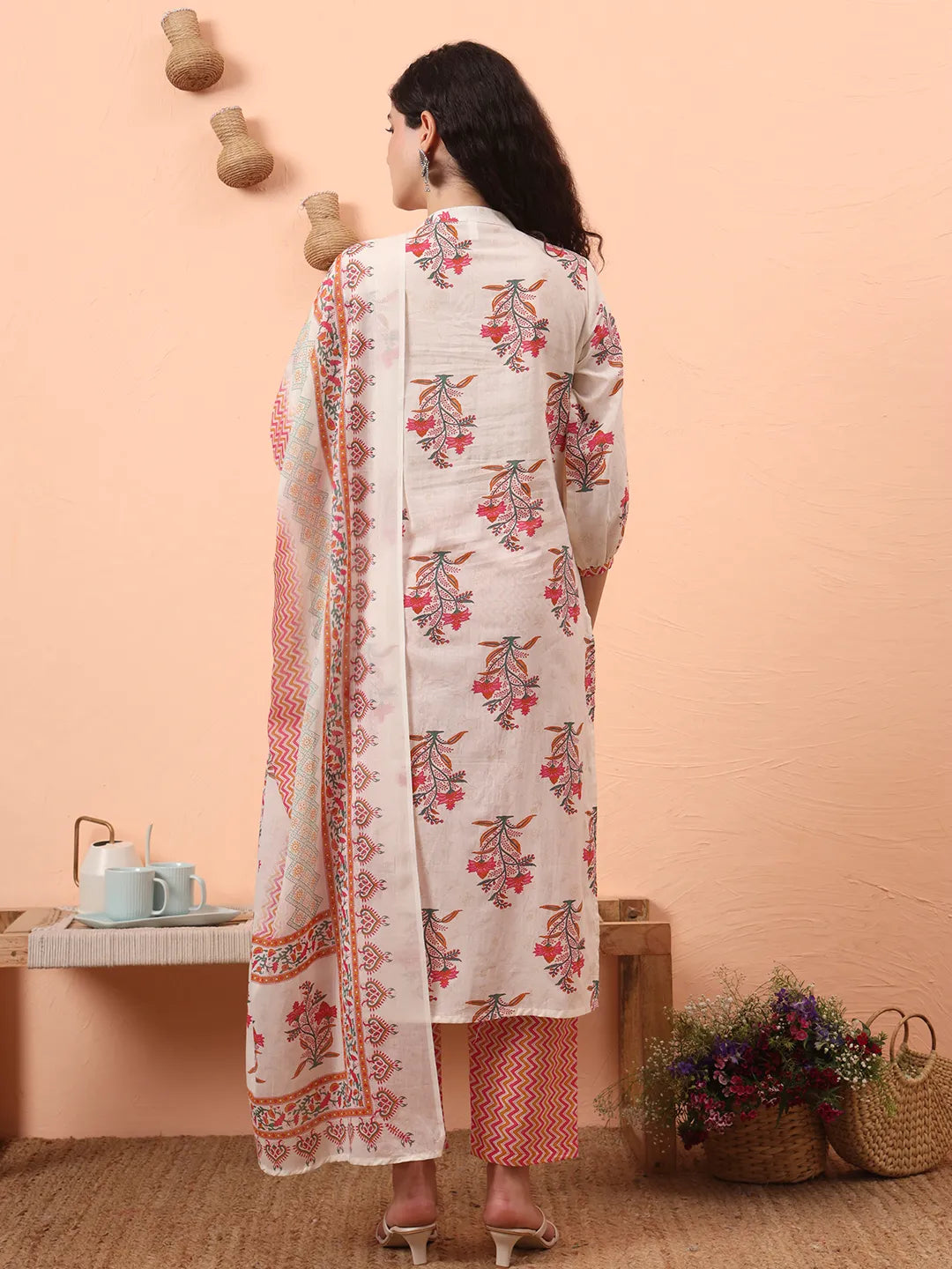 Yufta Cream Pure Cotton Kantha Work Kurta Dupatta Pant Set