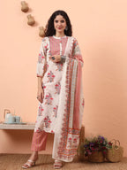 Yufta Cream Pure Cotton Kantha Work Kurta Dupatta Pant Set