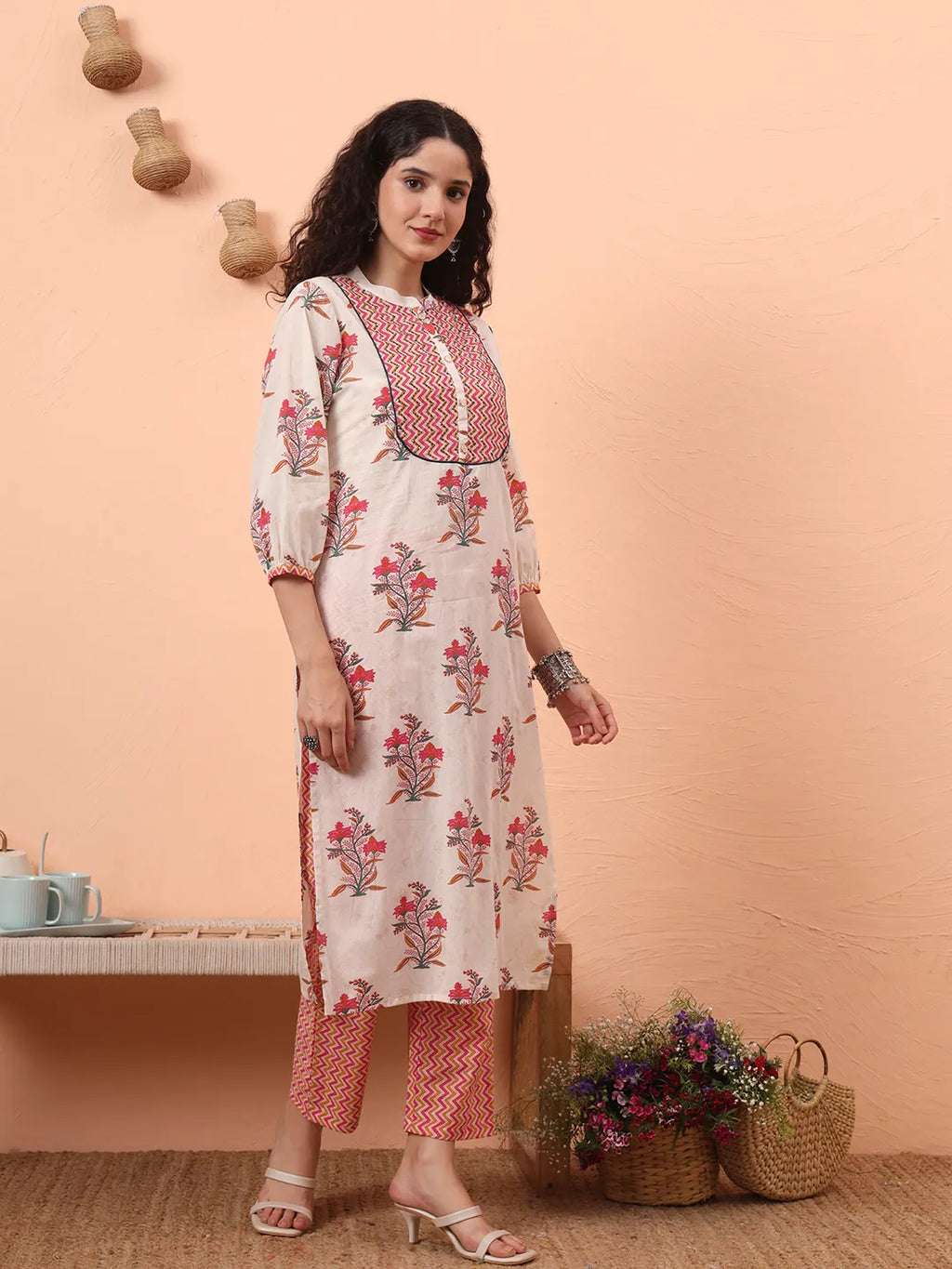 Yufta Cream Pure Cotton Kantha Work Kurta Dupatta Pant Set