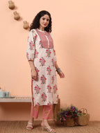 Yufta Cream Pure Cotton Kantha Work Kurta Dupatta Pant Set