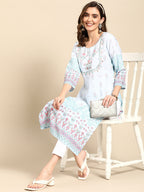 Sangria Women Turquoise Blue Floral Embroidered Kurta