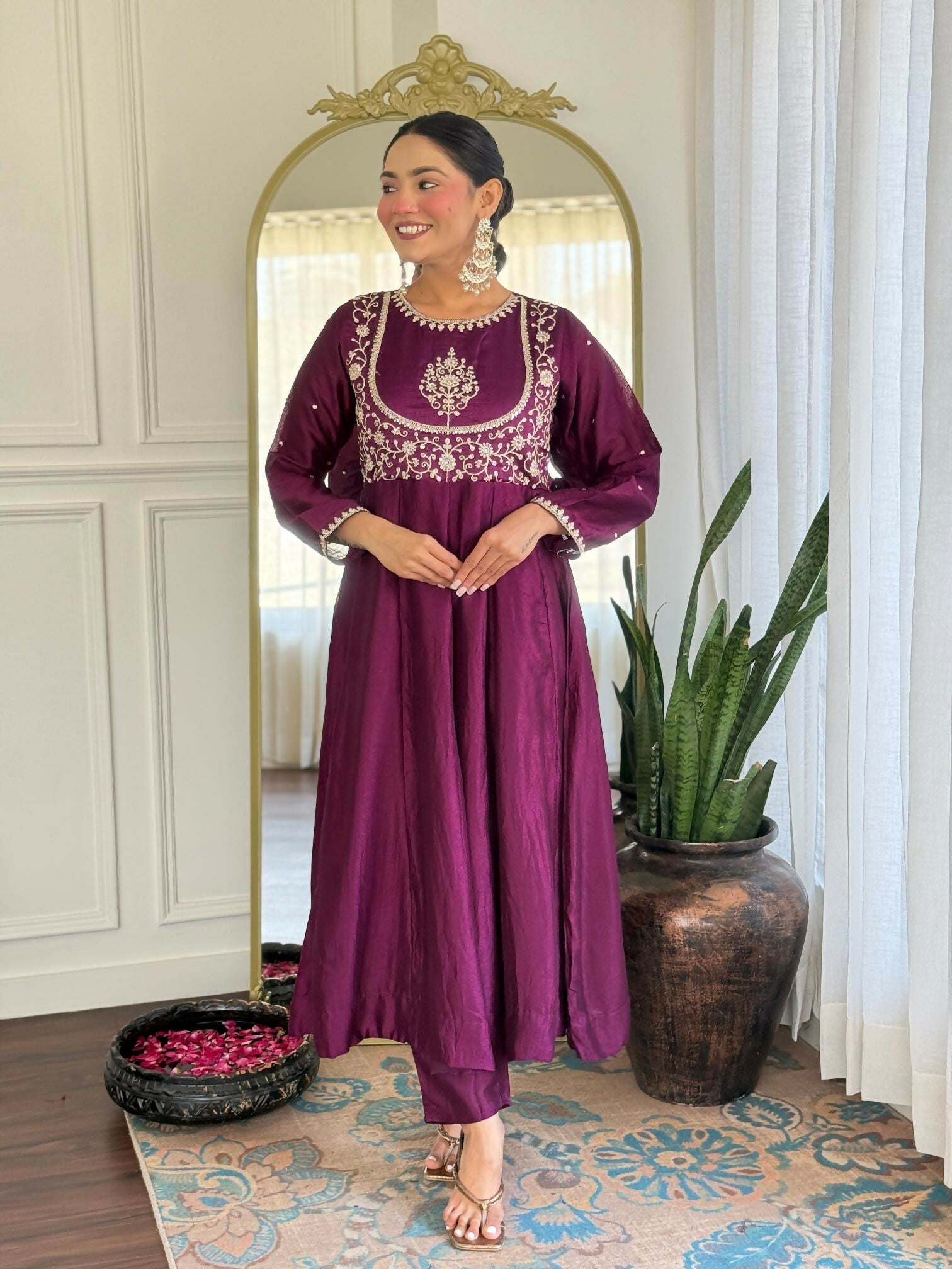 The52 Women's Beautiful Vichitra Silk Fabric Embroidery Work Flared Anarkali Pant and Dupatta Set - Distacart