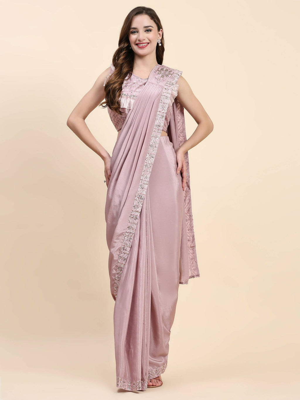 Pink Silk Satin Solid Ready to wear Saree with stitched Blouse - Satiksha