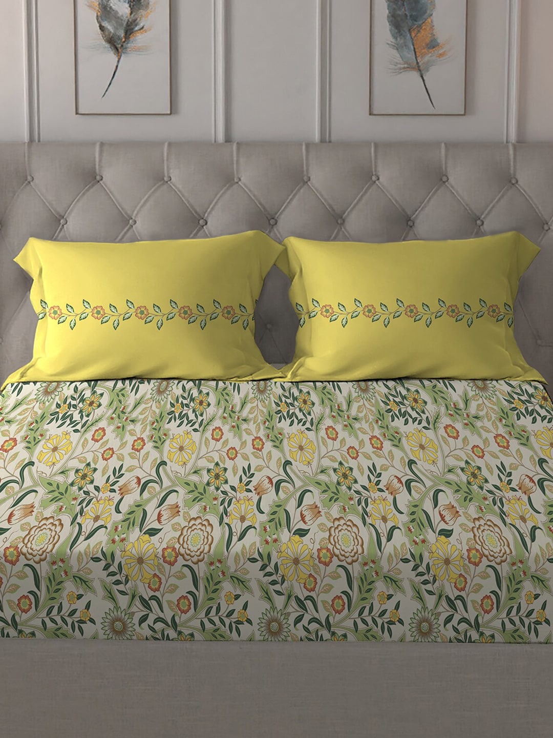 MYTRIDENT Beige White Floral Pure Cotton 144 TC Queen Bedsheet With 2 Pillow Covers - Distacart
