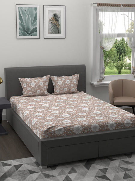 MYTRIDENT Brown White Ethnic Motifs 200 TC Cotton 1 King Bedsheet with 2 Pillow Covers