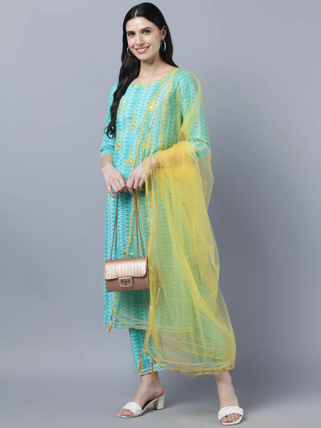 Myshka Women Turquoise Blue Layered Pure Cotton Kurti with Trousers With Dupatta Set - Distacart