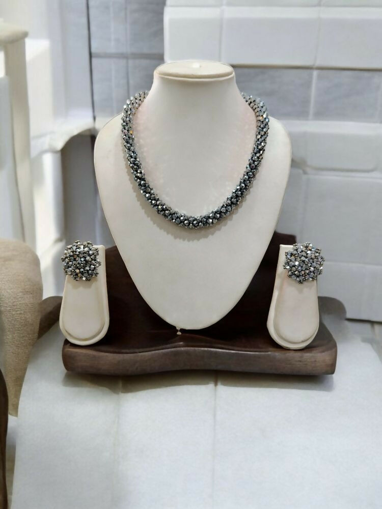 Inhanns Noor-E-Jalwa – Handmade Crystal Bead Necklace / Necklace With Earrings -Adjustable - Titanium