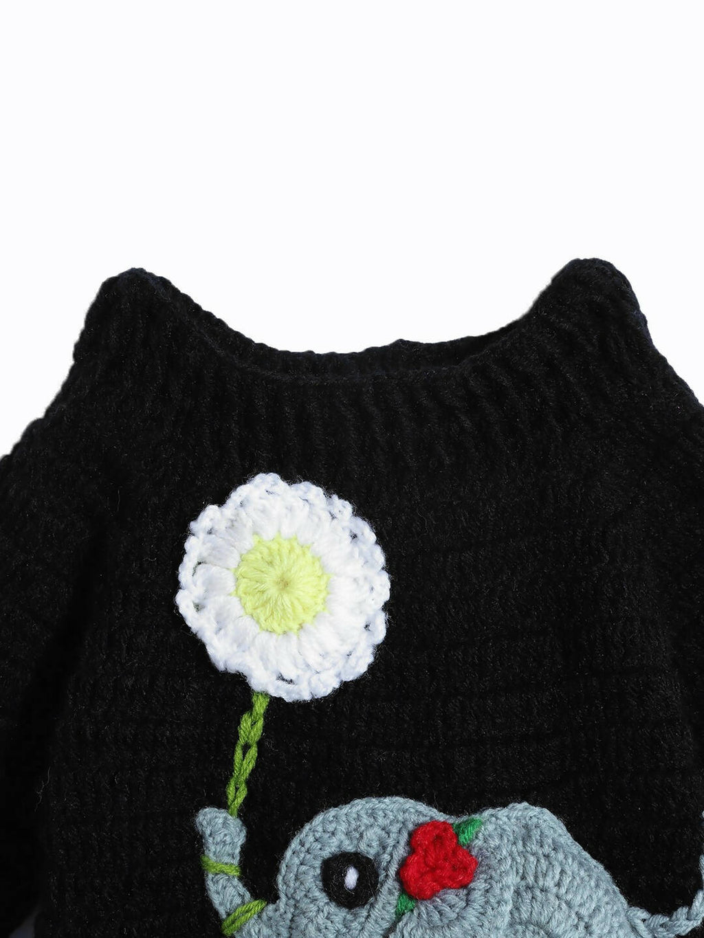Chutput Kids Woollen Hand Knitted Full Sleeves Elephant Detail Sweater For Baby Boys - Black