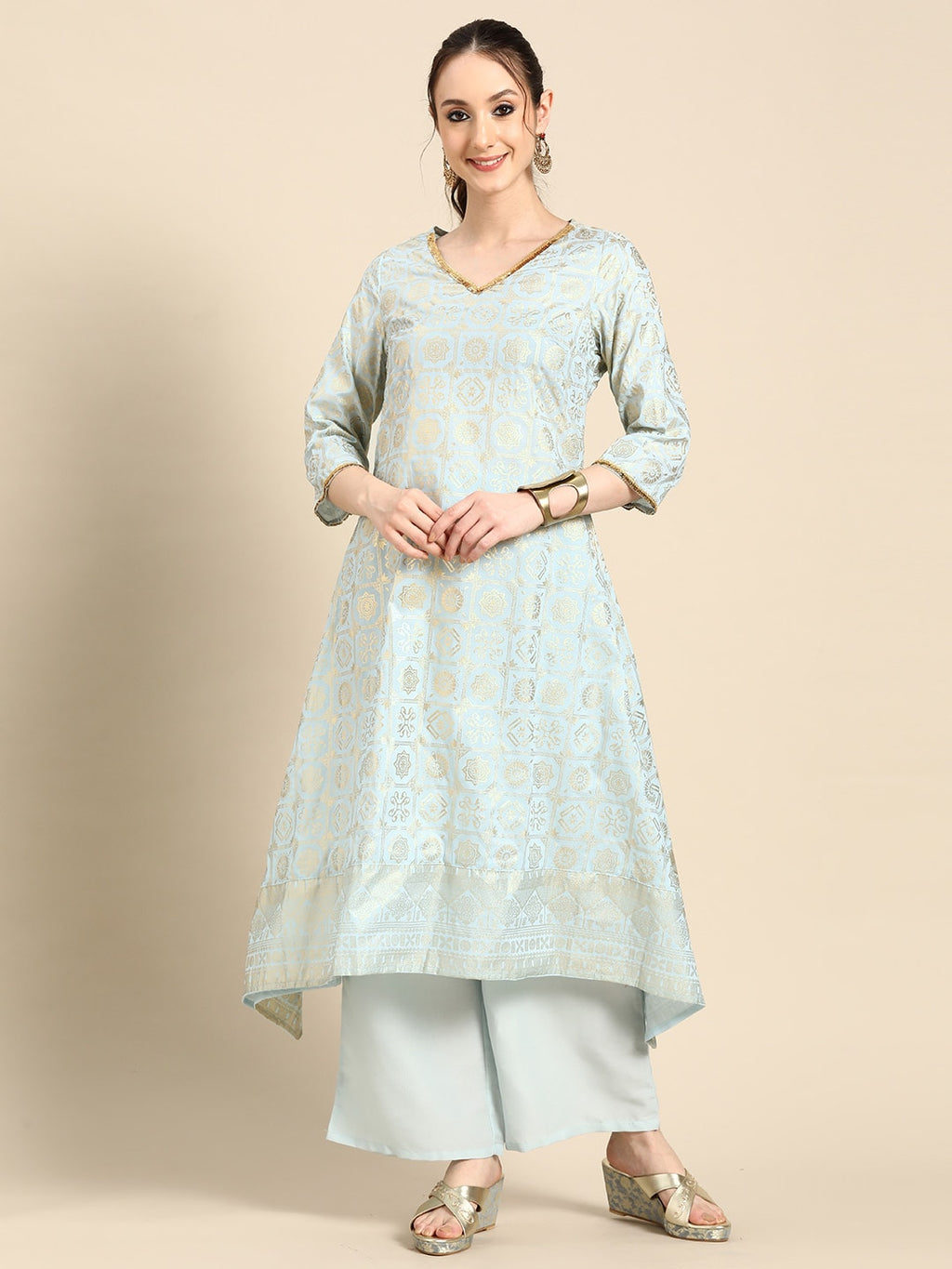 Sangria Gold-Toned Foil Printed Sequinned Detail A-Line Kurta with Palazzos