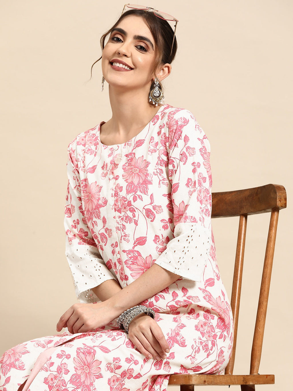 Sangria Floral Printed Cotton Slub Kurta