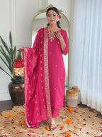 The52 Women's Viscose Silk Embroidery work Straight Kurta with Pant and Dupatta Set - Distacart