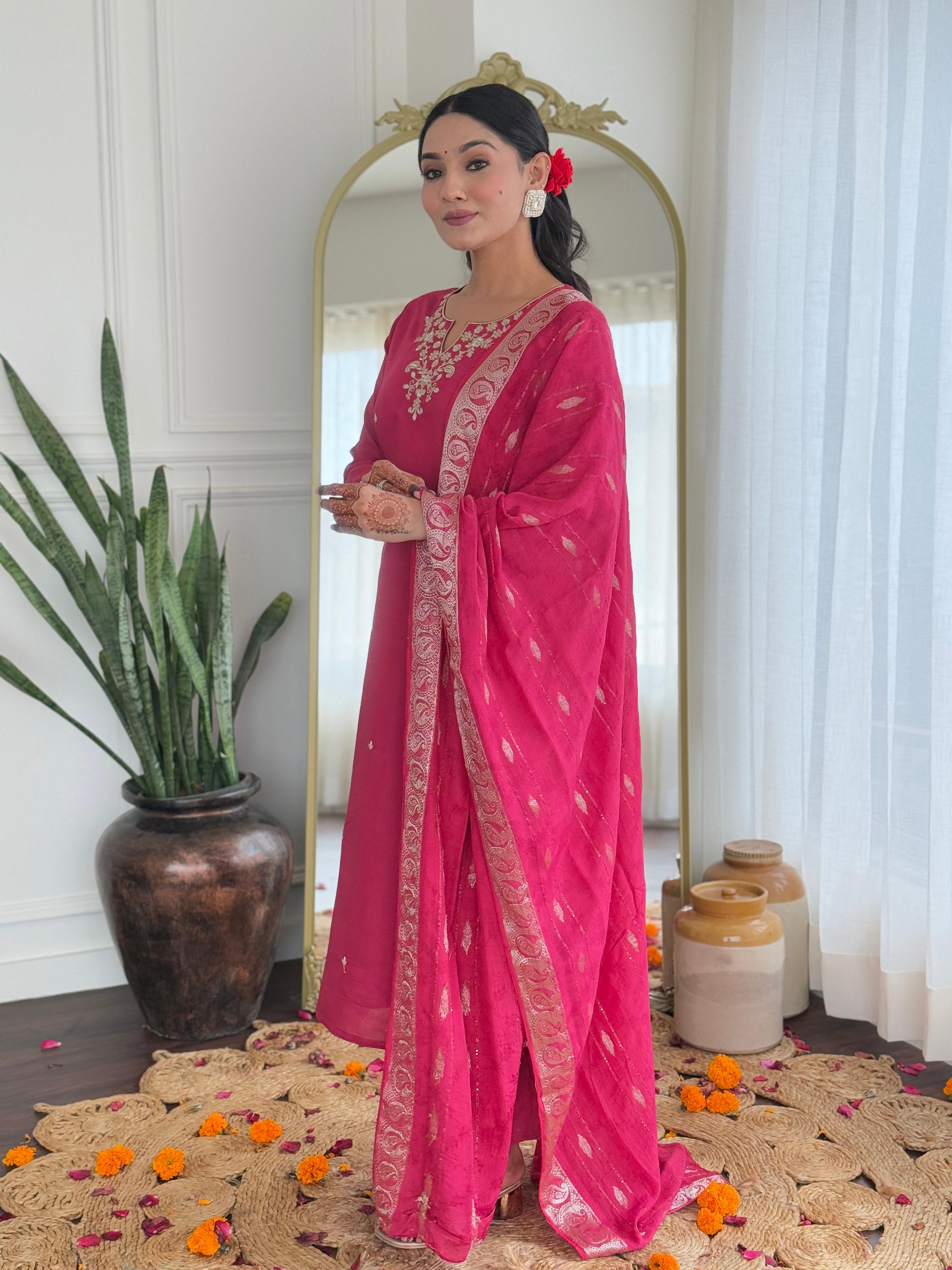 The52 Women's Viscose Silk Embroidery work Straight Kurta with Pant and Dupatta Set - Distacart