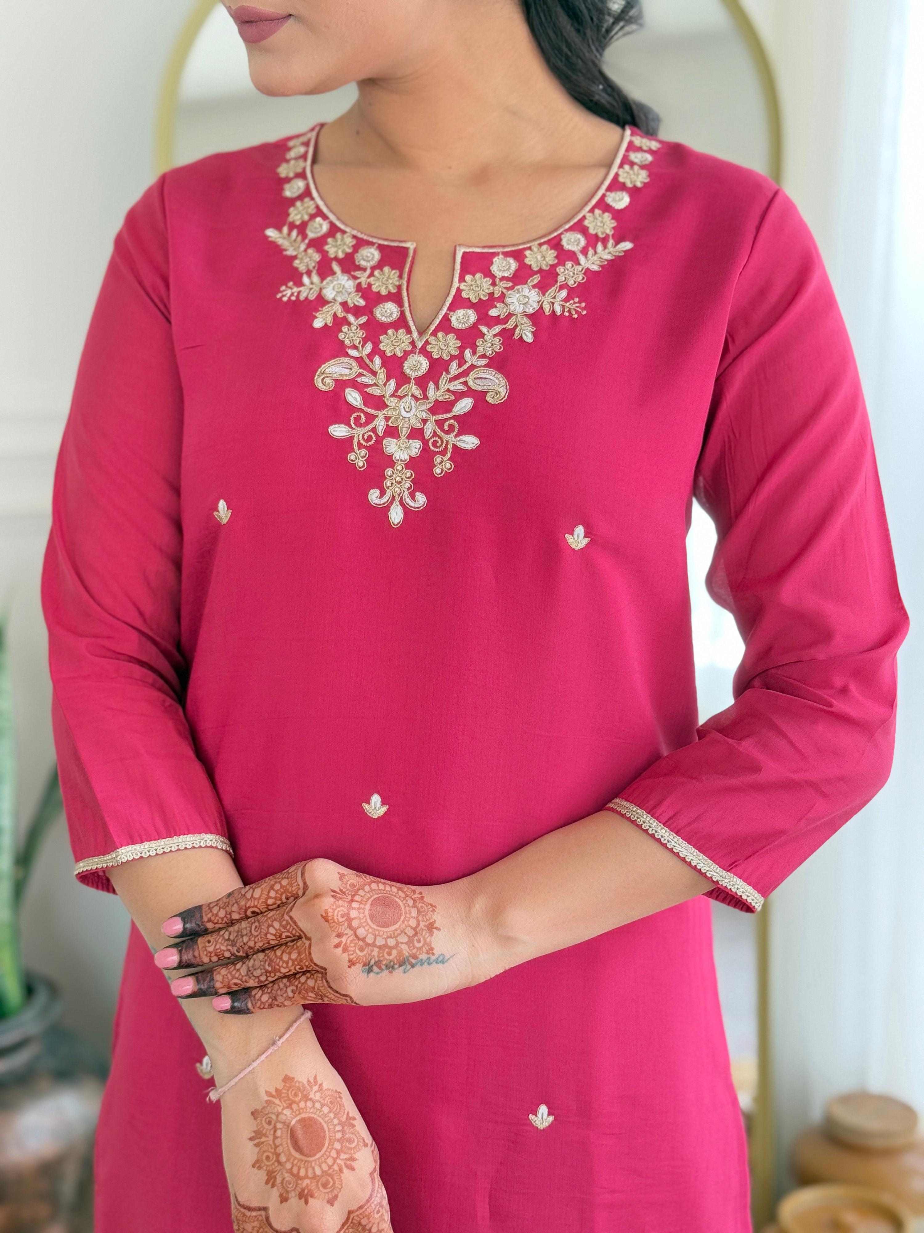 The52 Women's Viscose Silk Embroidery work Straight Kurta with Pant and Dupatta Set - Distacart